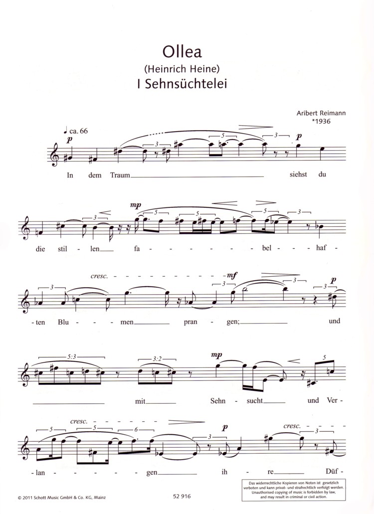 Sample 1 : Reimann, Aribert : Ollea, Four Poems of Heinrich Heine - soprano solo - Schott Digital