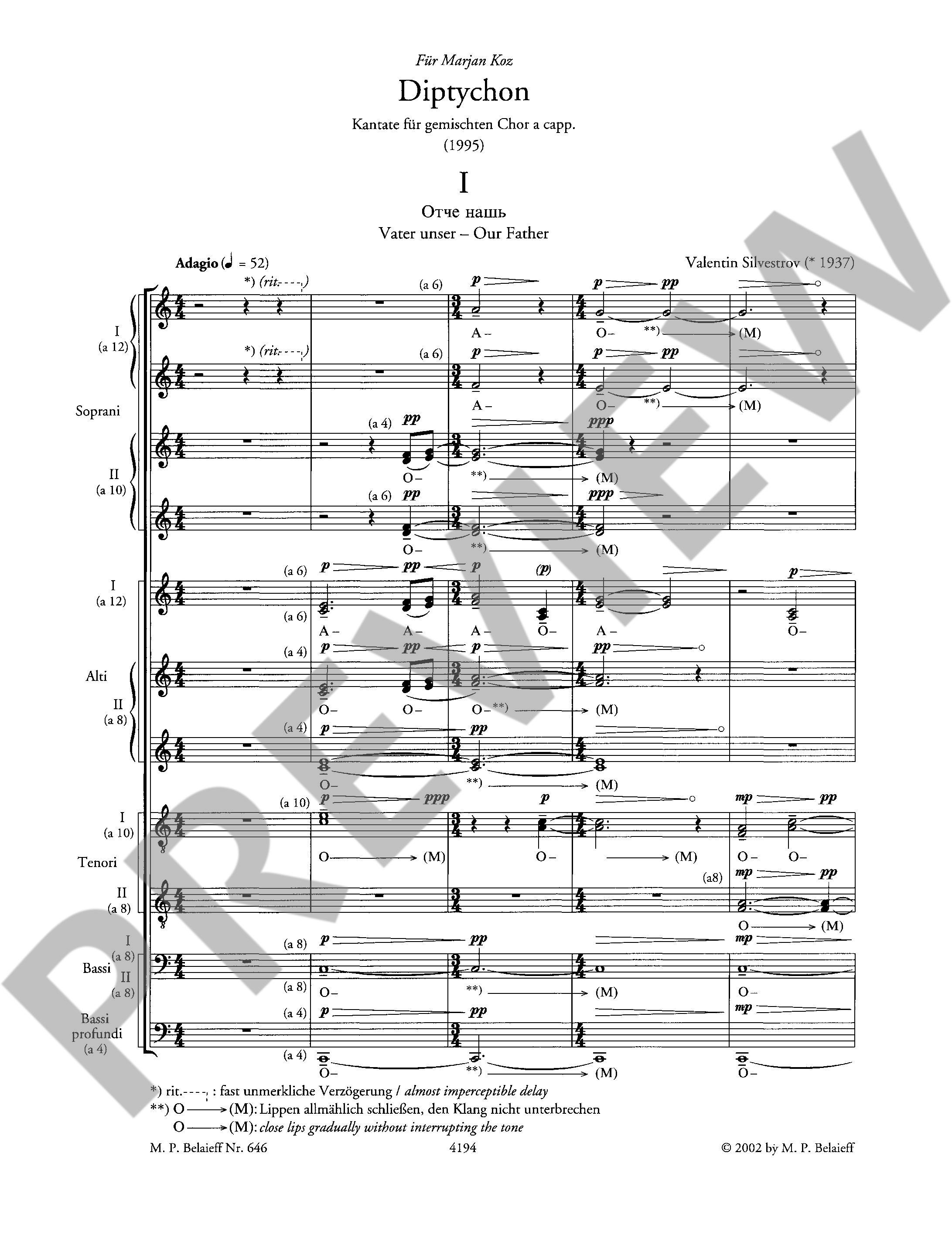 Sample 1 : Silvestrov, Valentin : Diptychon, Cantata - mixed chorus a cappella (SSAATTBB and Basso profundo) -