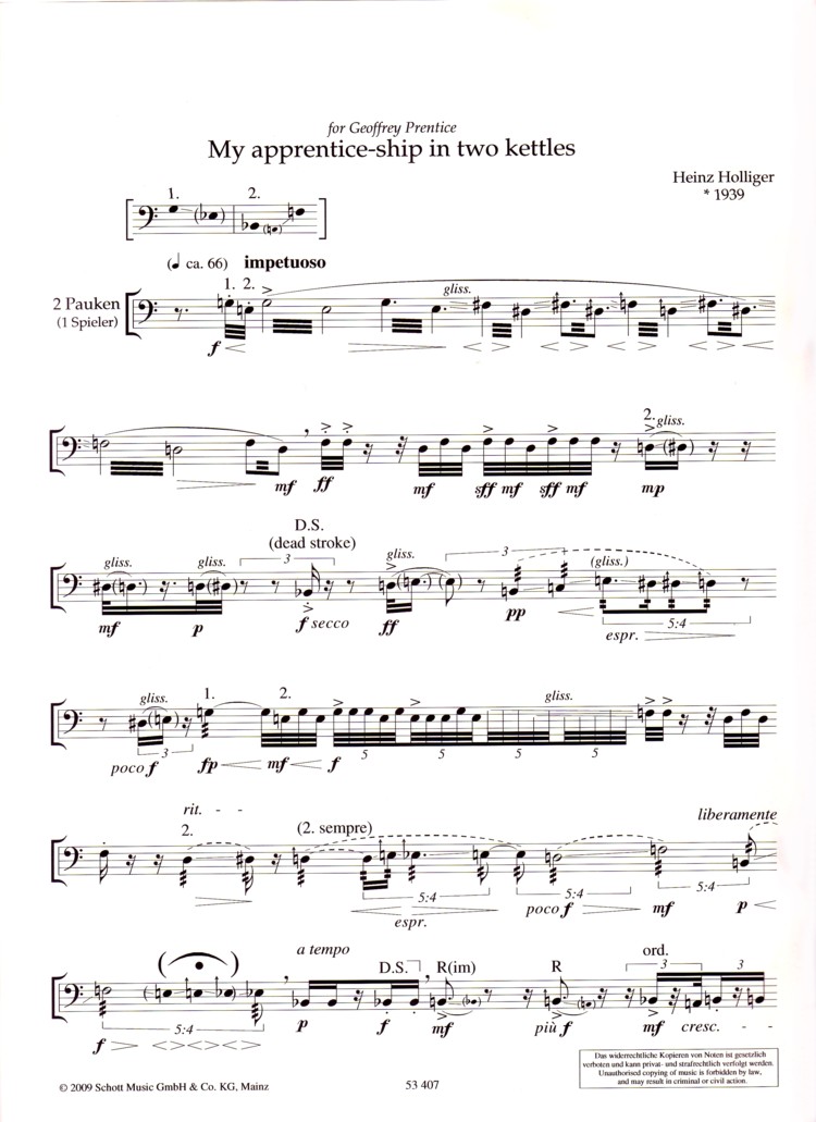 Sample 1 : Holliger, Heinz : My apprentice-ship in two kettles, for two timpani (one player) - 2 timpani (1 pla