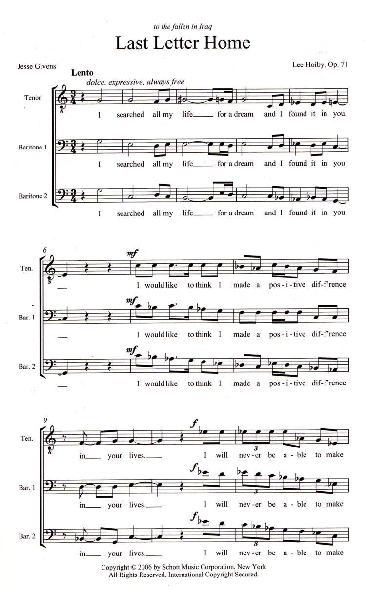 Sample 1 : Hoiby, Lee : Last Letter Home,  - men's choir (TBB) a cappella - Schott Digital