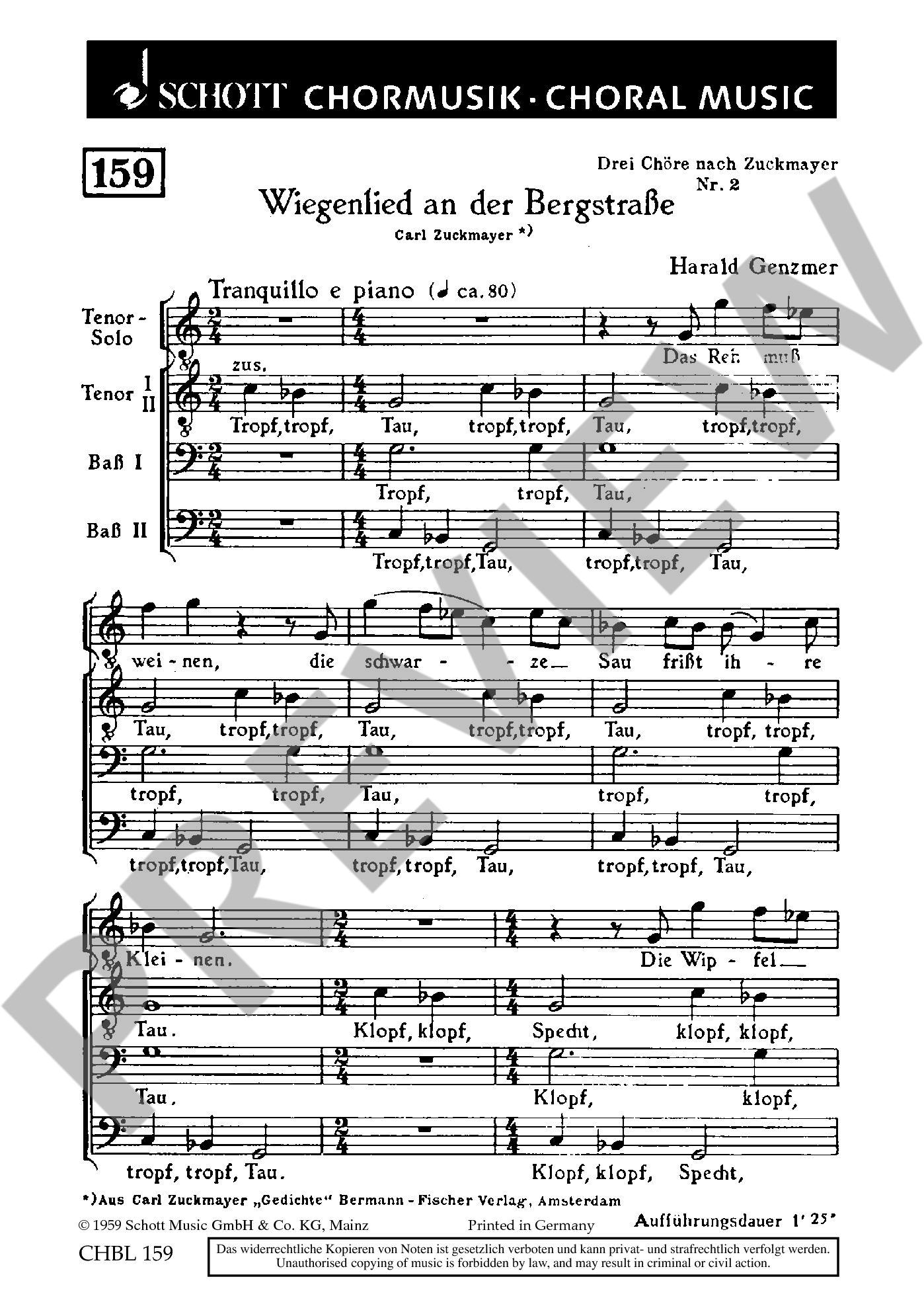 Sample 1 : Genzmer, Harald : Drei Chöre, 2. Wiegenlied an der Bergstraße "Tropf, tropf, Tau" - men's choir an