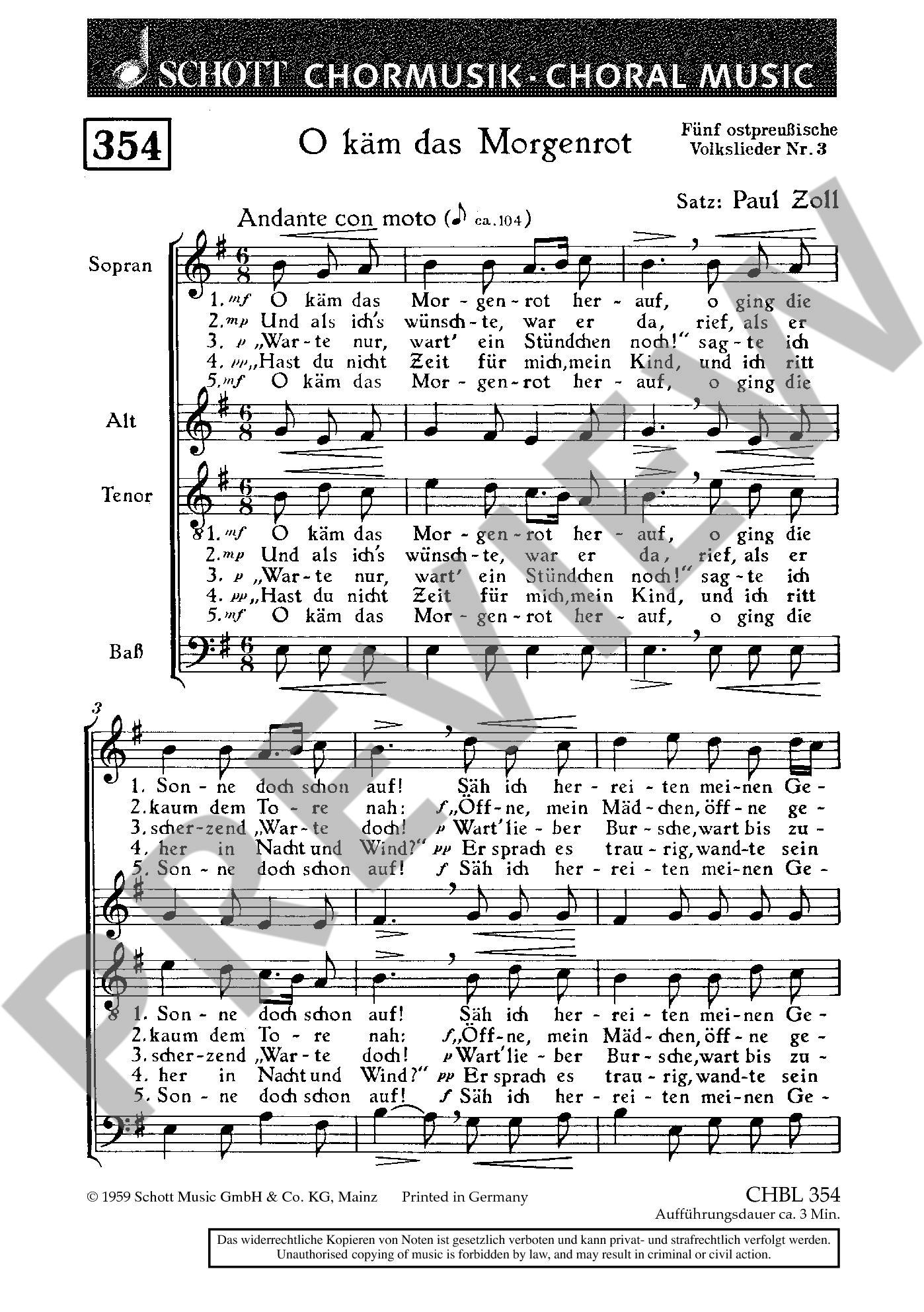 Sample 1 : Zoll, Paul : Fünf ostpreußische Volkslieder, 3. O käm das Morgenrot herauf - Schott Digital
