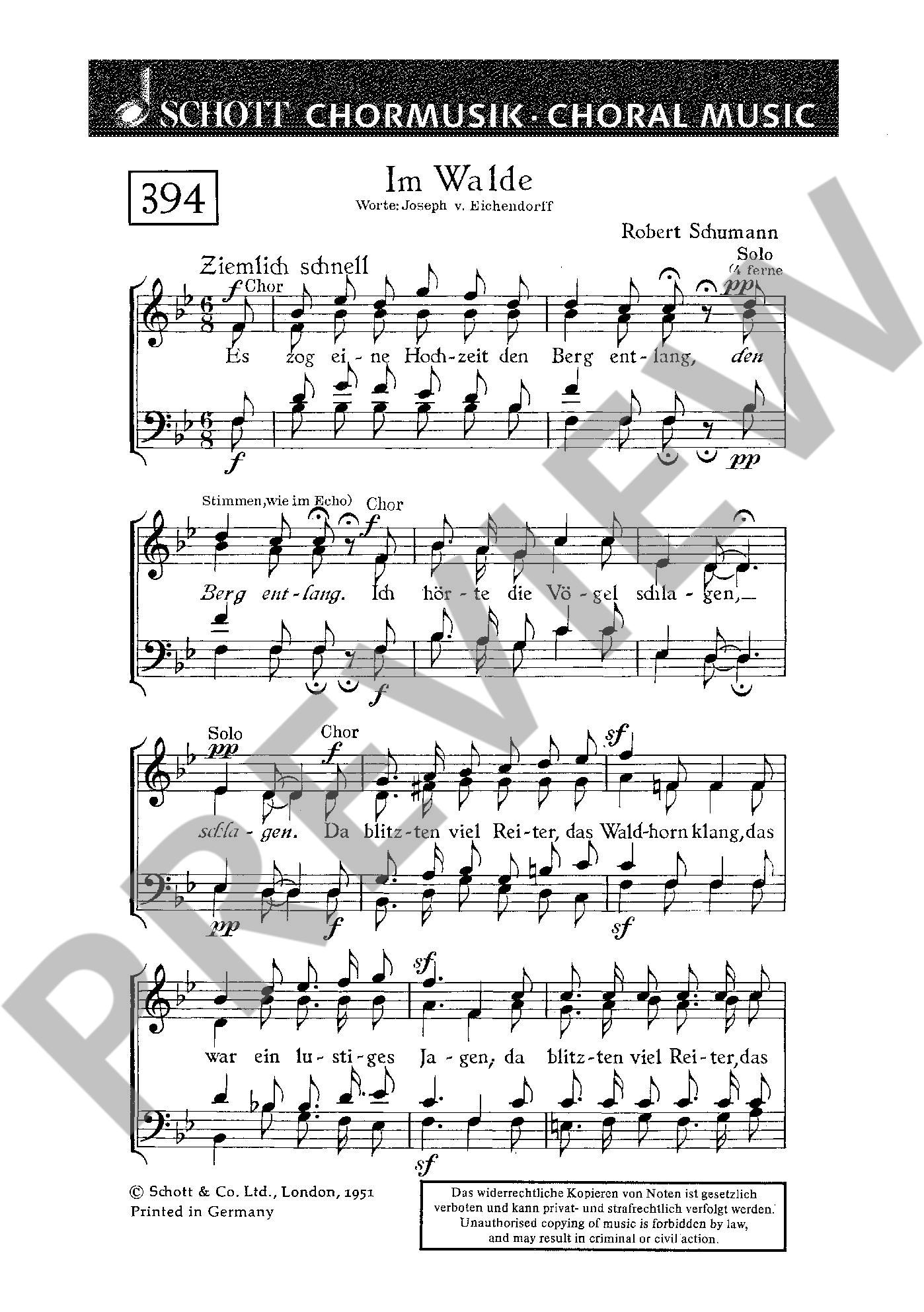 Sample 1 : Schumann, Robert : Im Walde, "Es zog eine Hochzeit" - mixed choir (SATB) with echo ad libitum - Scho
