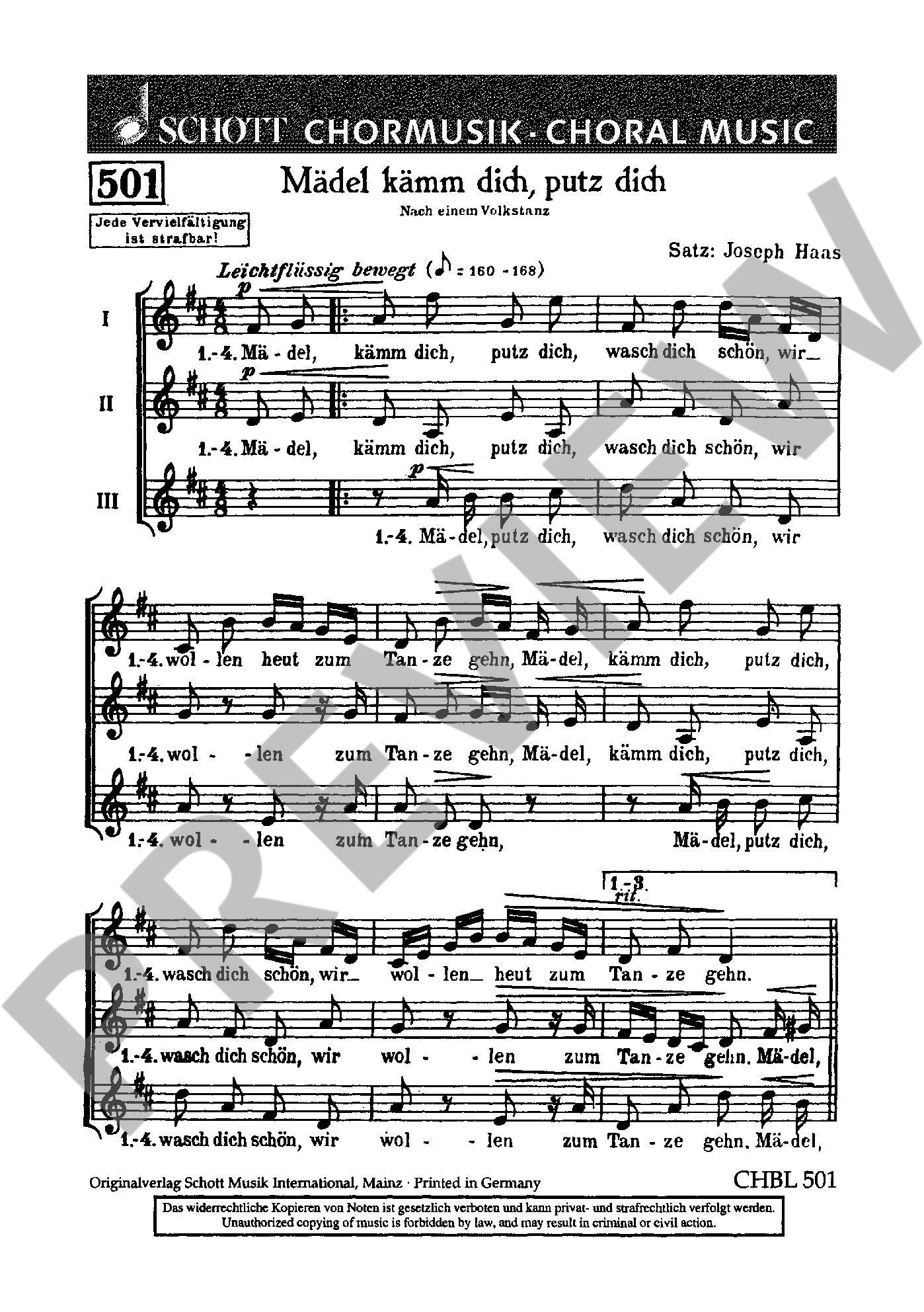 Sample 1 : Haas, Joseph : Mädel, kämm dich, putz dich, (Volkslied) - female choir or children's choir (SMezA)