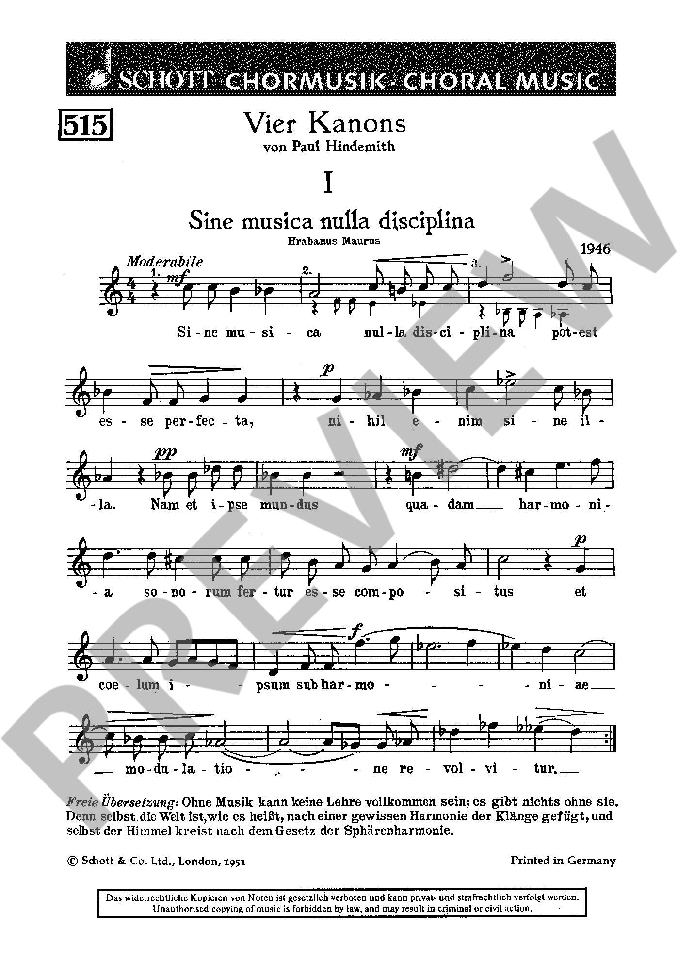 Sample 1 : Hindemith, Paul : Vier Kanons,  - female choir or youth choir (MezMezMez) - Schott Digital