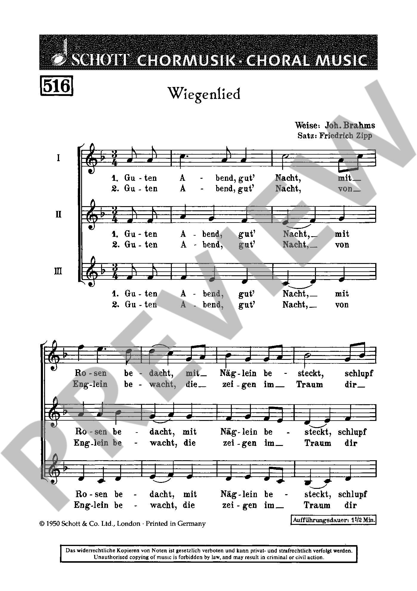 Sample 1 : Brahms, Johannes : Wiegenlied, "Guten Abend, gut' Nacht" - female choir or children's choir (SMezA)