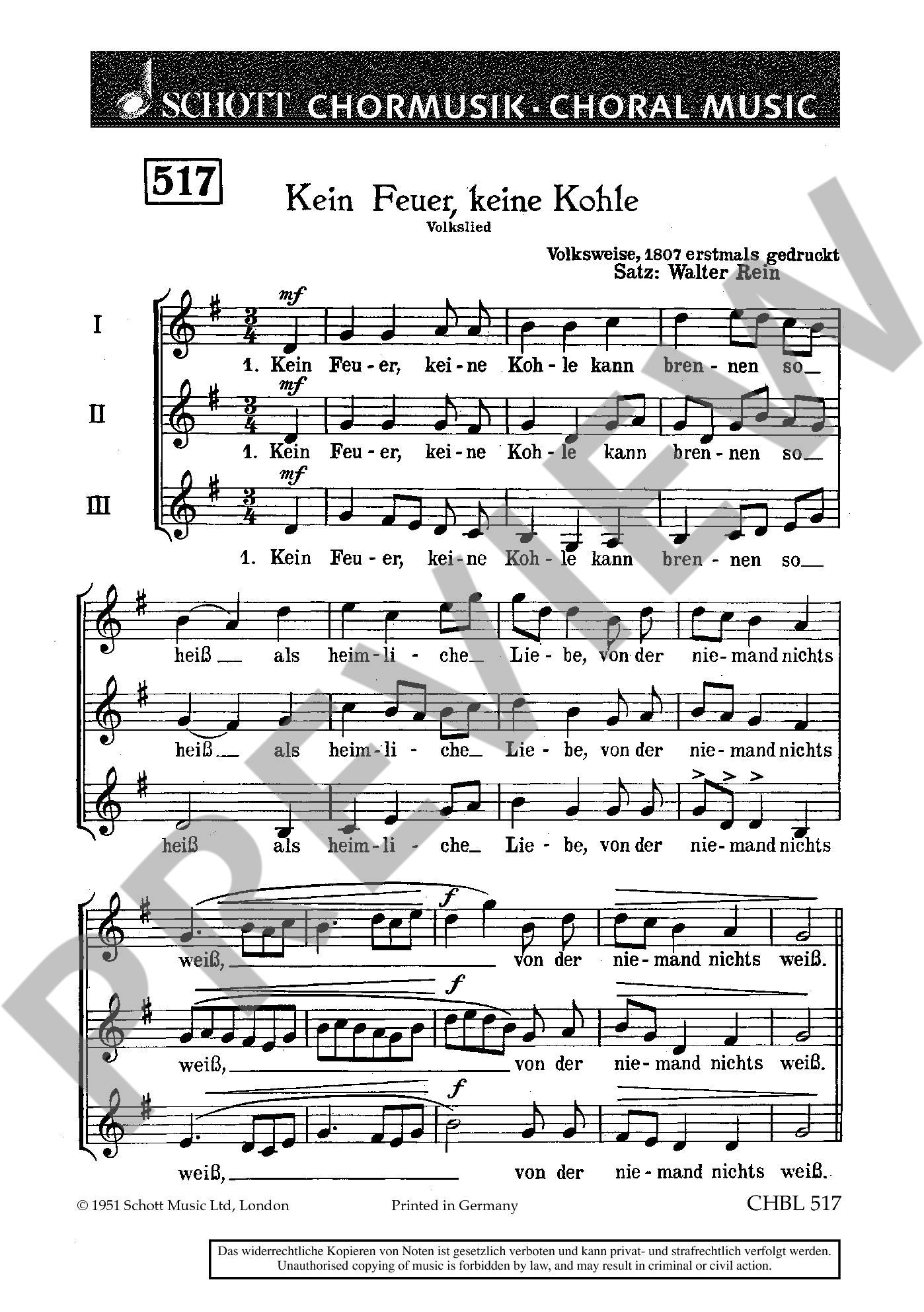 Sample 1 : Rein, Walter : Kein Feuer, keine Kohle, (1807) - female choir or children's choir (SMezA) - Schott D