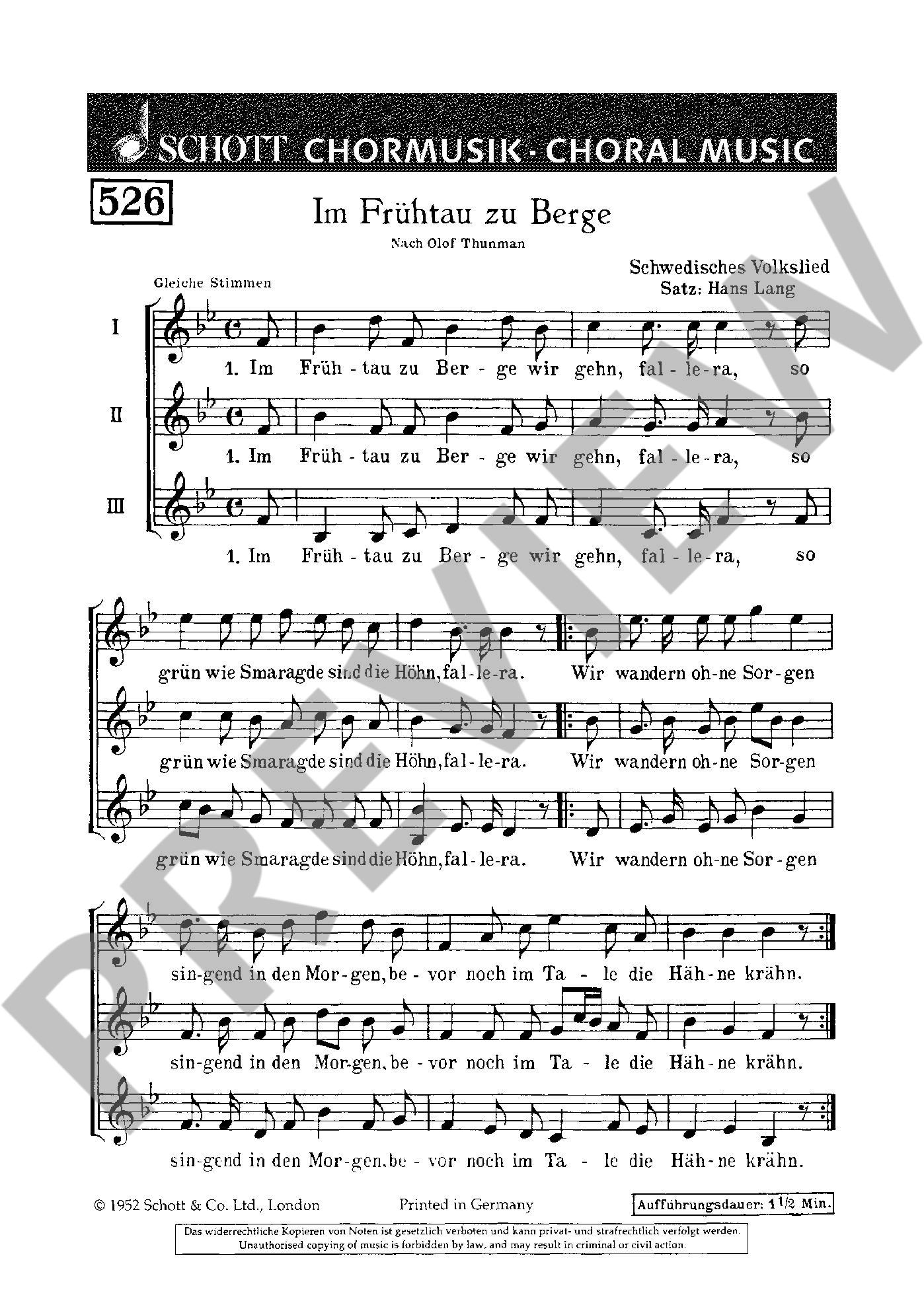 Sample 1 : Lang, Hans : Im Frühtau zu Berge, (Schweden) - female choir or children's choir (SMezA) - Schott Di