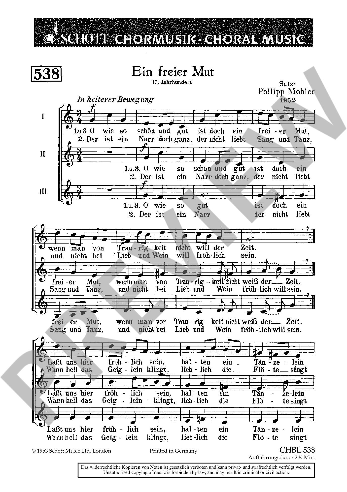 Sample 1 : Mohler, Philipp : Ein freier Mut, "O wie so schön und gut" - female choir and youth choir - Schott