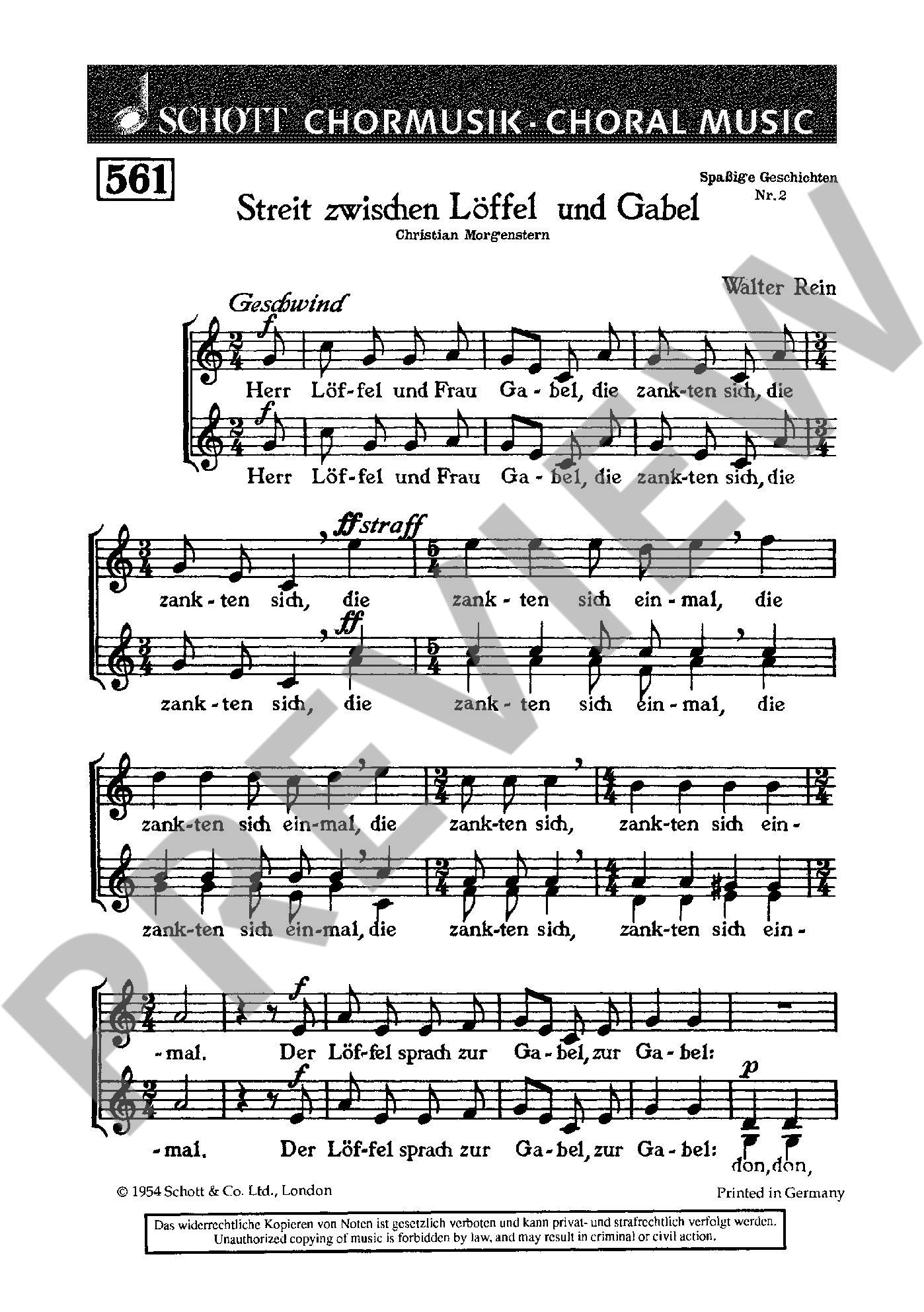 Sample 1 : Rein, Walter : Streit zwischen Löffel und Gabel, "Herr Löffel und Frau Gabel" - children's choir -