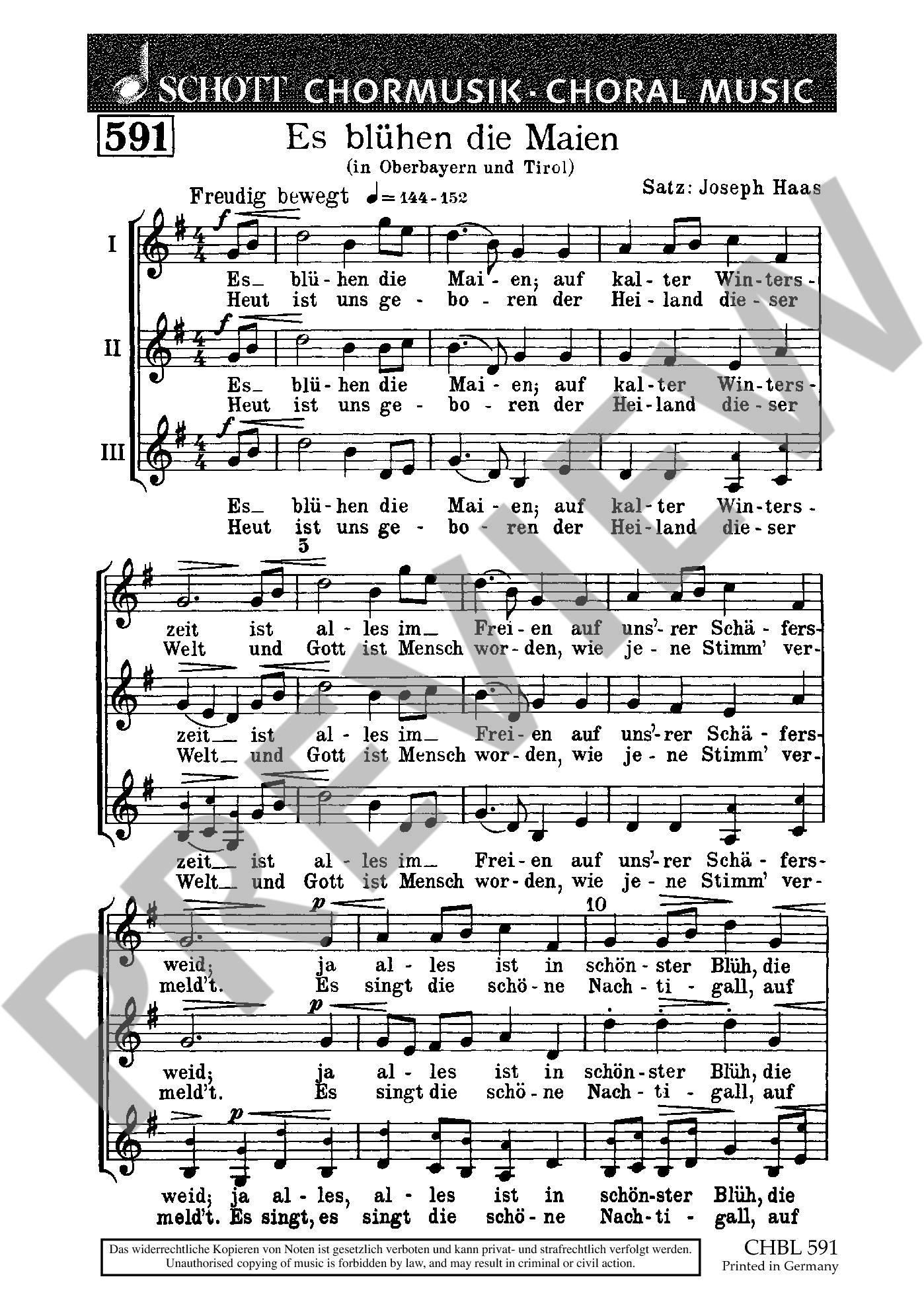 Sample 1 : Haas, Joseph : Es blühen die Maien, (Oberbayern und Tirol) - female choir or children's choir (SMez