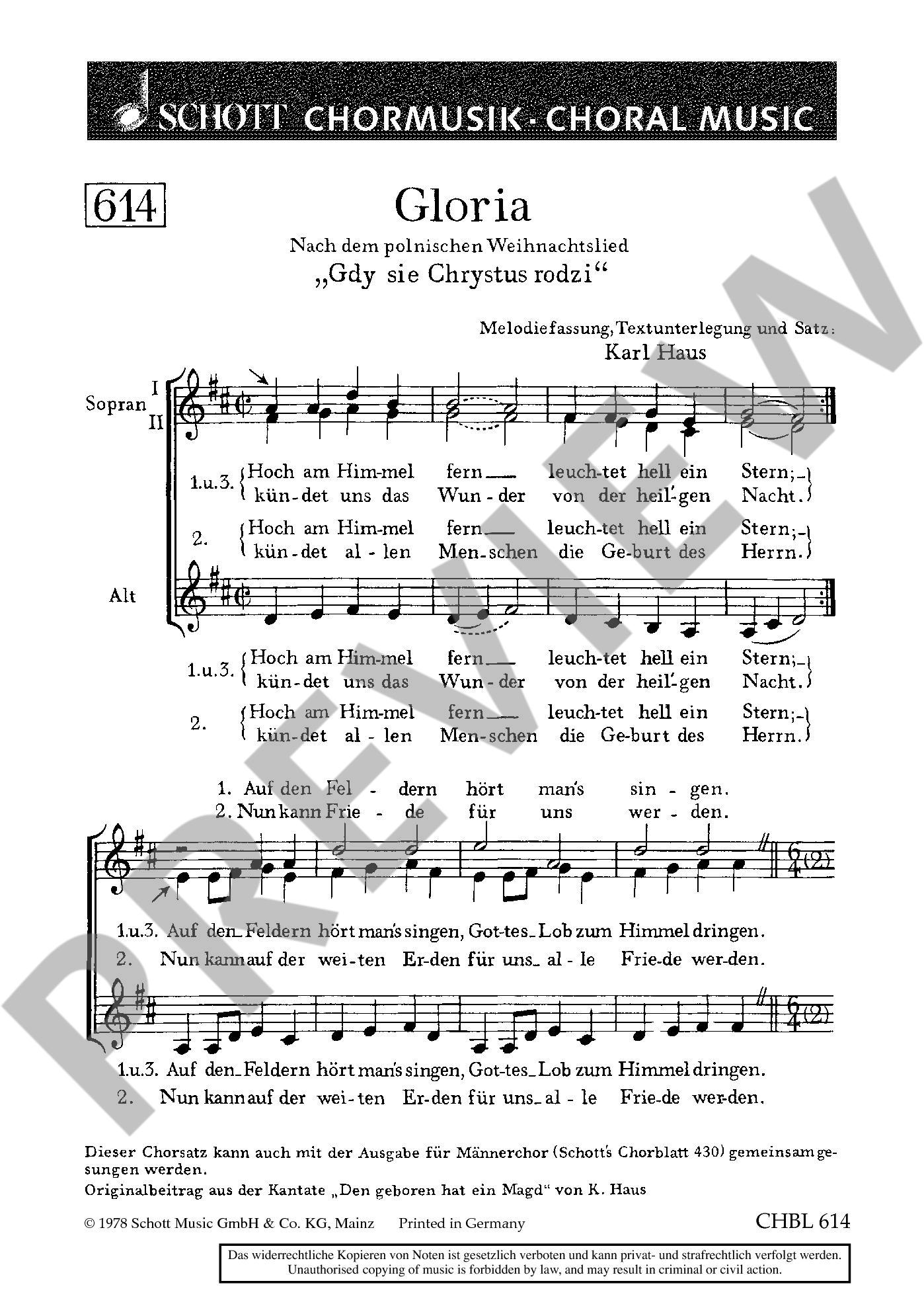 Sample 1 : Haus, Karl : Gloria, nach dem polnischen Weihnachtslied "Gdy sie Chrystus rodzi" - female choir (SSA