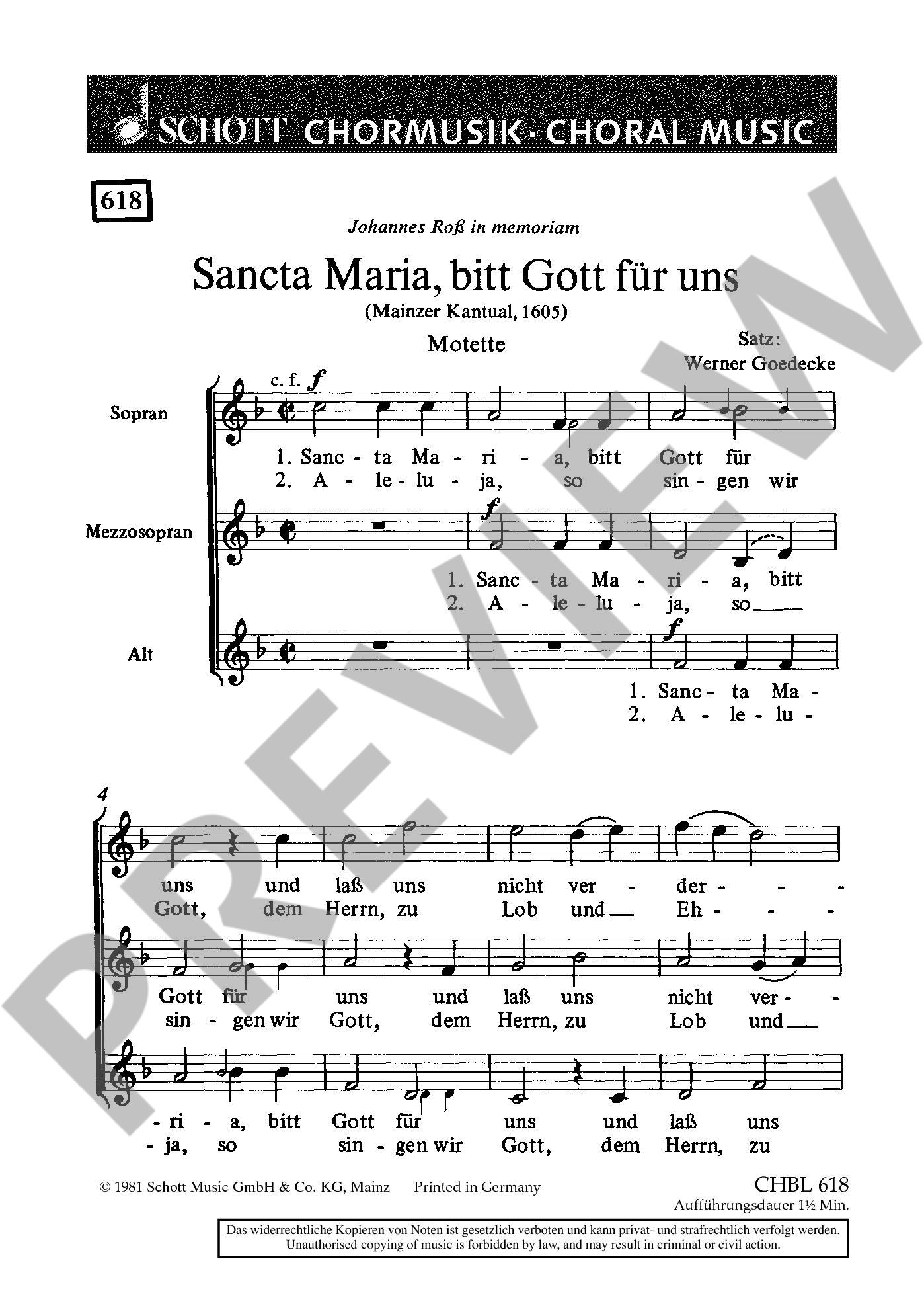 Sample 1 : Goedecke, Werner : Sancta Maria, bitt Gott für uns, (Mainzer Kantual, 1605) Motette - female choir