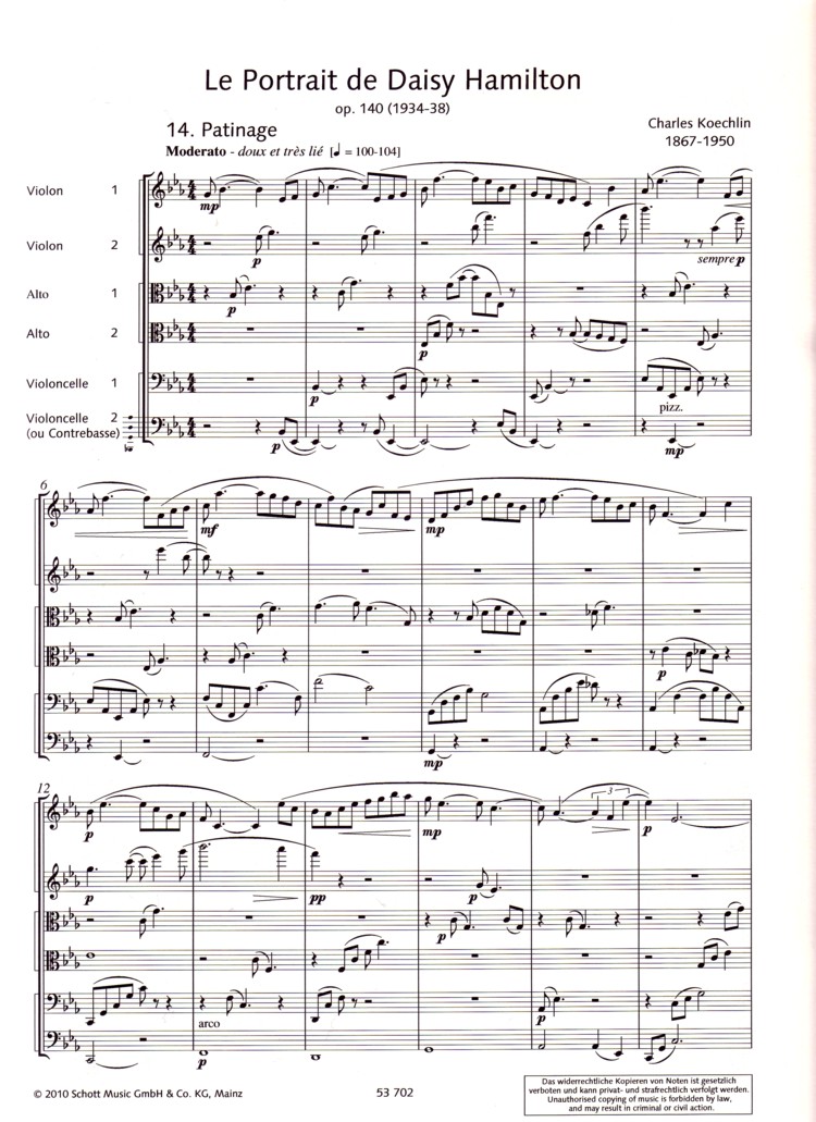 Sample 1 : Koechlin, Charles : Le Portrait de Daisy Hamilton, Ten Pieces for String Sextet - string sextet - Sc