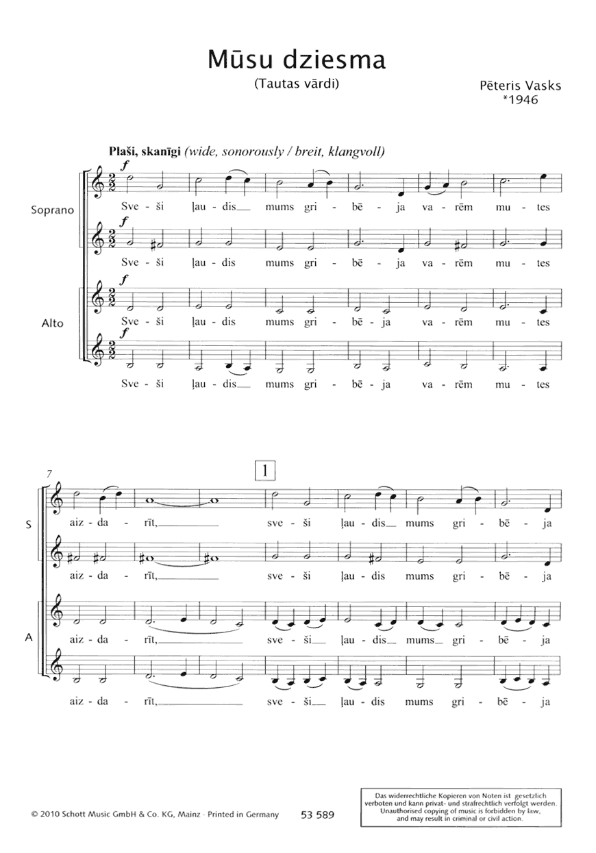 Sample 1 : Vasks, Peteris : Dzimtene, (Home) - female choir - Schott Digital