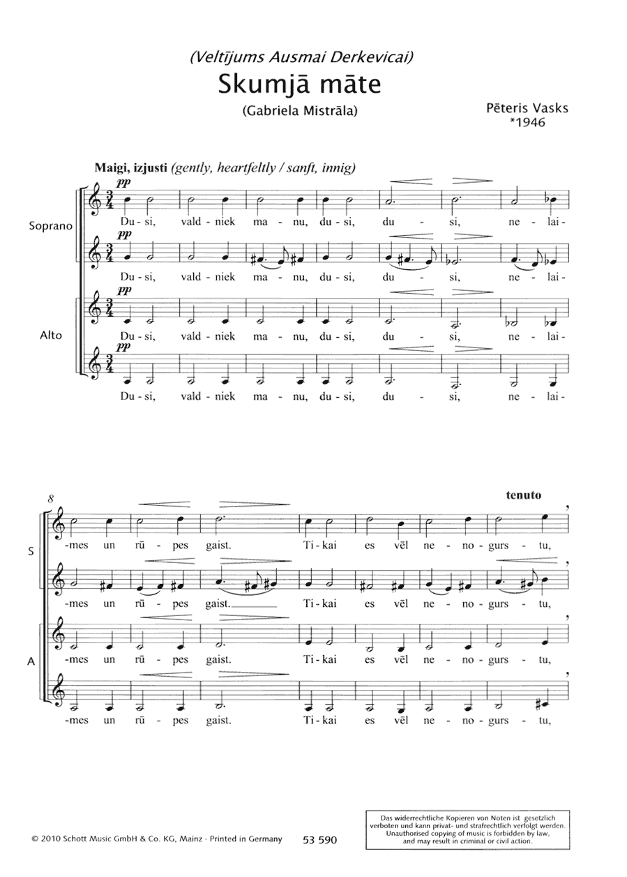 Sample 3 : Vasks, Peteris : Skumjas, (Trauer / Sorrow) - female choir - Schott Digital