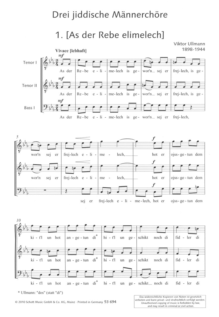 Sample 2 : Ullmann, Viktor : Three Yiddish pieces for male choir,  - men's choir (TTB/TTBB) a cappella - Schott