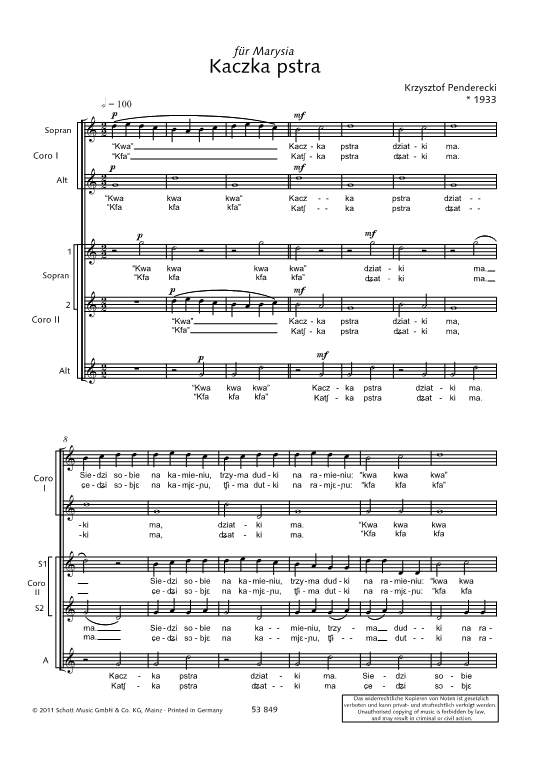 Sample 1 : Penderecki, Krzysztof : Kaczka pstra, The Speckled Duck - 2 children's or female choirs (SA / SSAA)