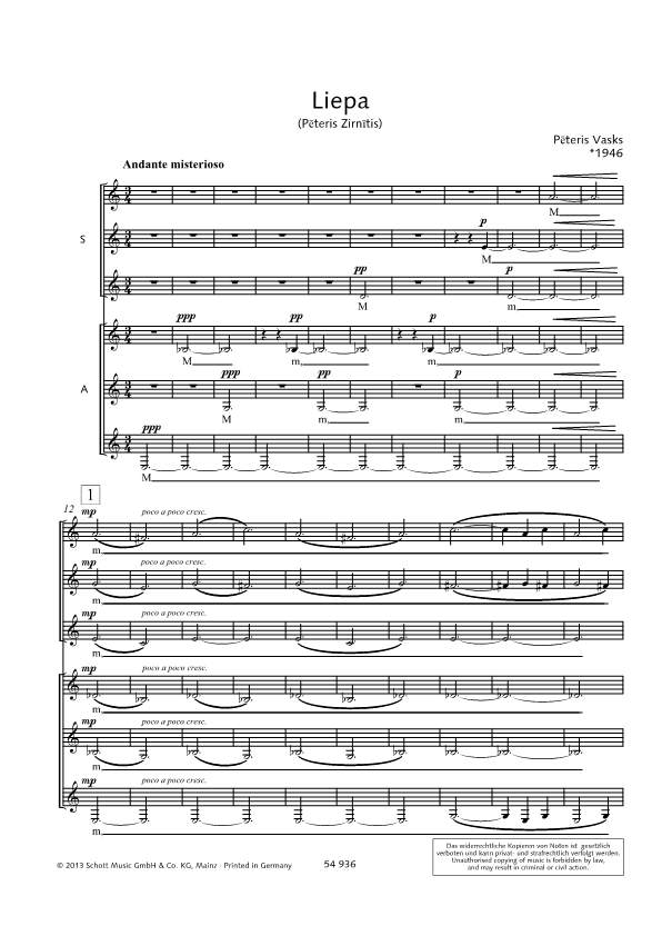Sample 1 : Vasks, Peteris : Liepa, (The Lime Tree) - female choir (SSAA) - Schott Digital