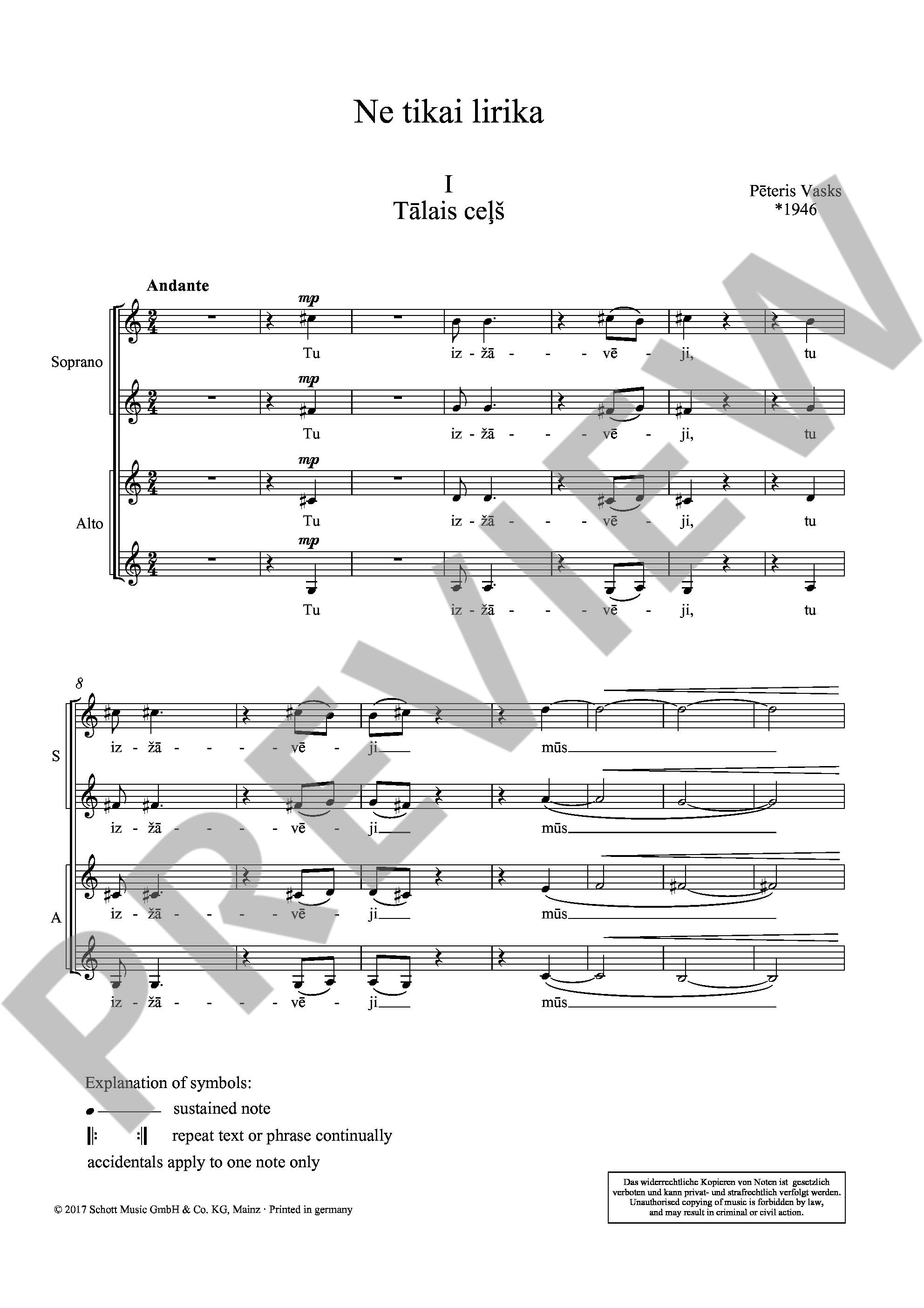 Sample 1 : Vasks, Peteris : Ne tikai lirika, (Not Only Poetry) - female choir (SSSSAAAA) - Schott Digital