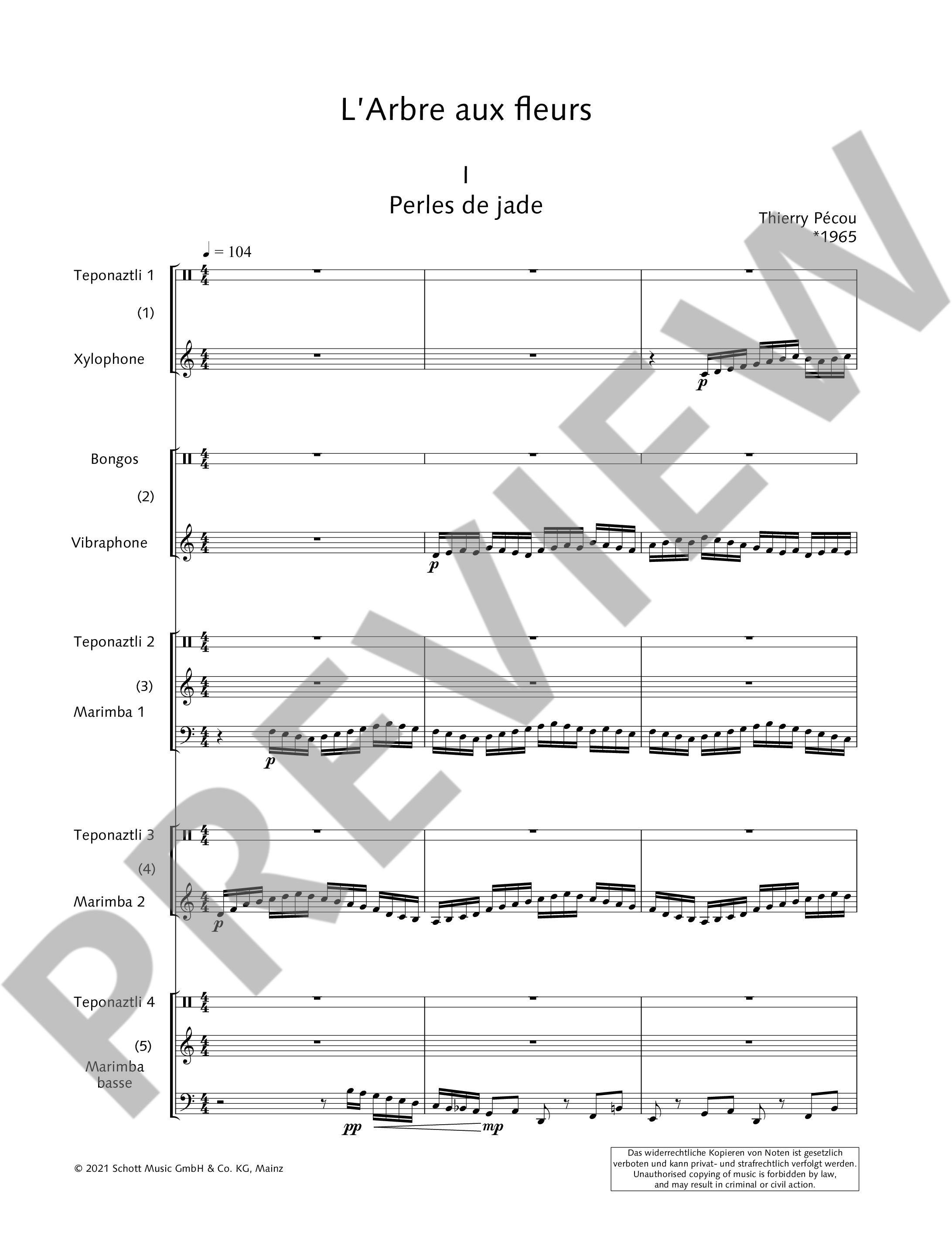 Sample 1 : Pécou, Thierry : L'Arbre aux fleurs, for 5 percussionists - 5 percussionists (1 Xylophone · 1 Gloc