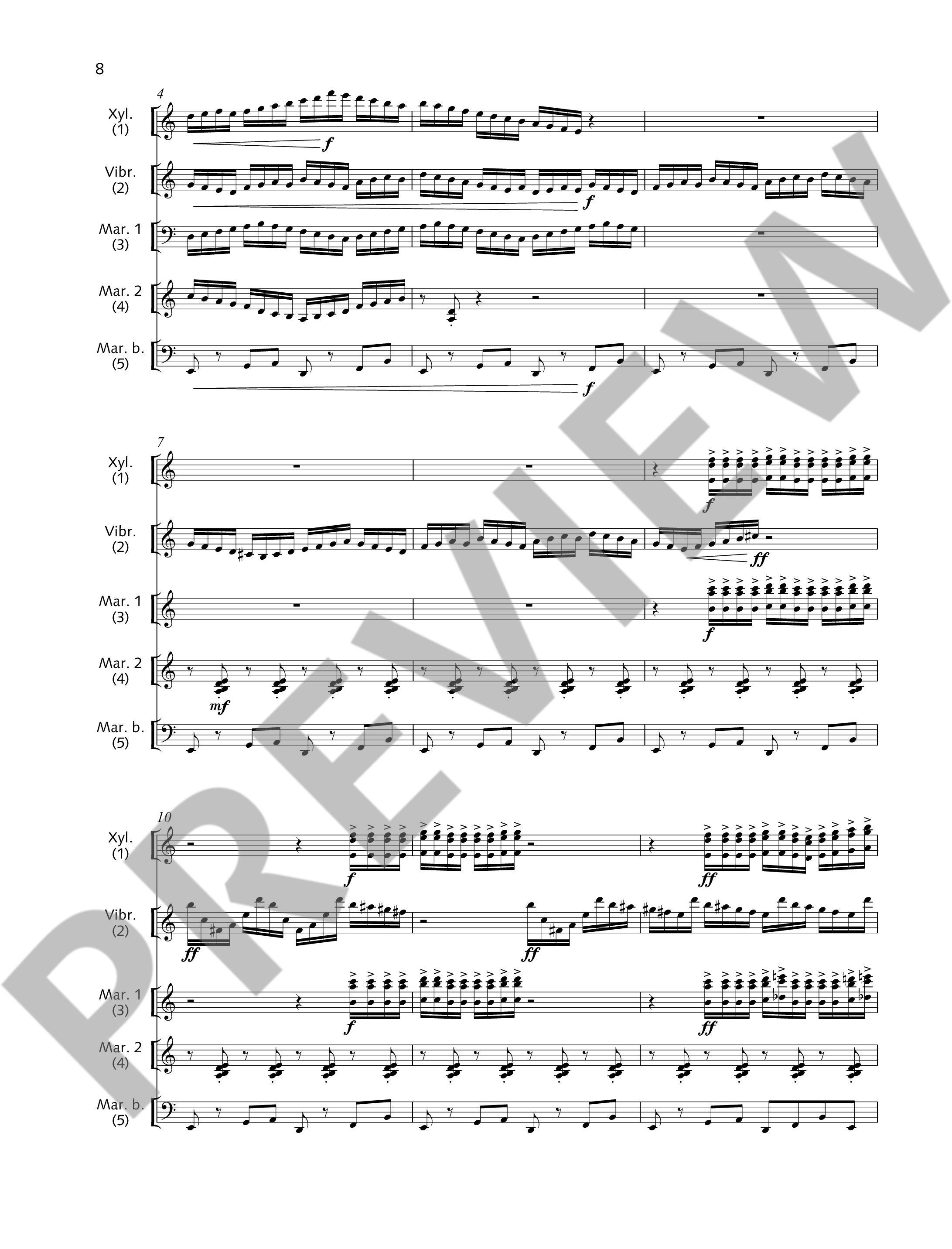 Sample 2 : Pécou, Thierry : L'Arbre aux fleurs, for 5 percussionists - 5 percussionists (1 Xylophone · 1 Gloc