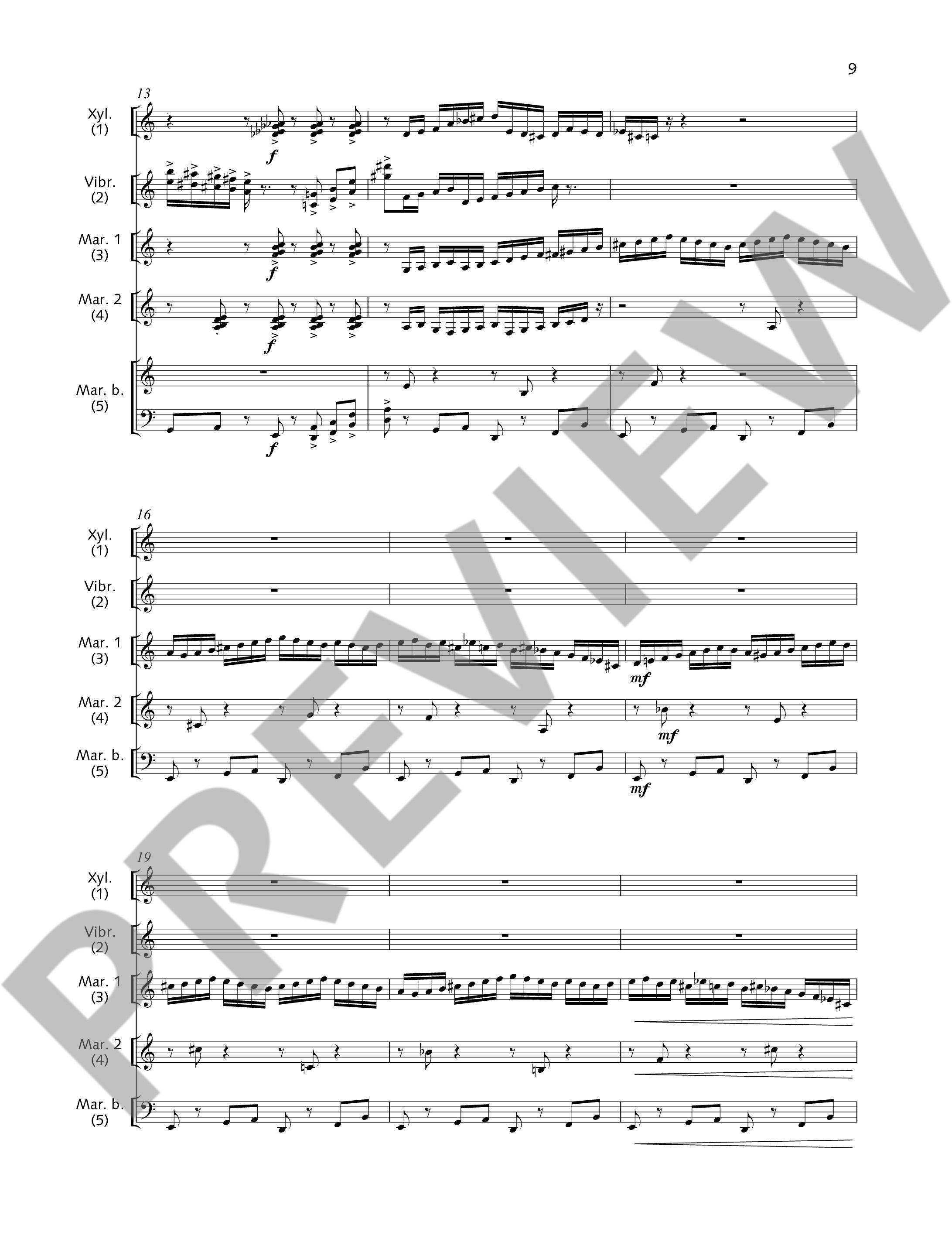 Sample 3 : Pécou, Thierry : L'Arbre aux fleurs, for 5 percussionists - 5 percussionists (1 Xylophone · 1 Gloc