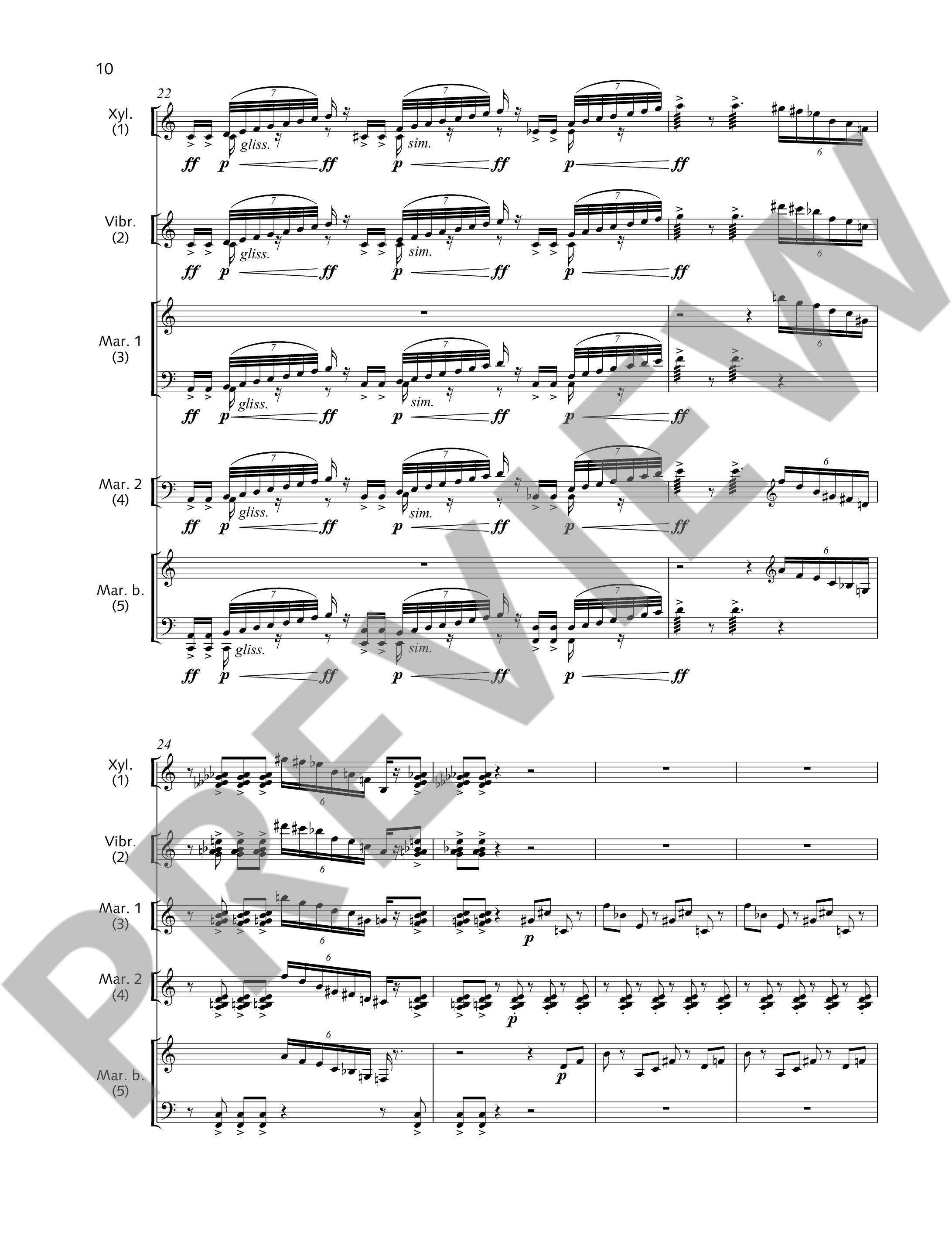Sample 4 : Pécou, Thierry : L'Arbre aux fleurs, for 5 percussionists - 5 percussionists (1 Xylophone · 1 Gloc