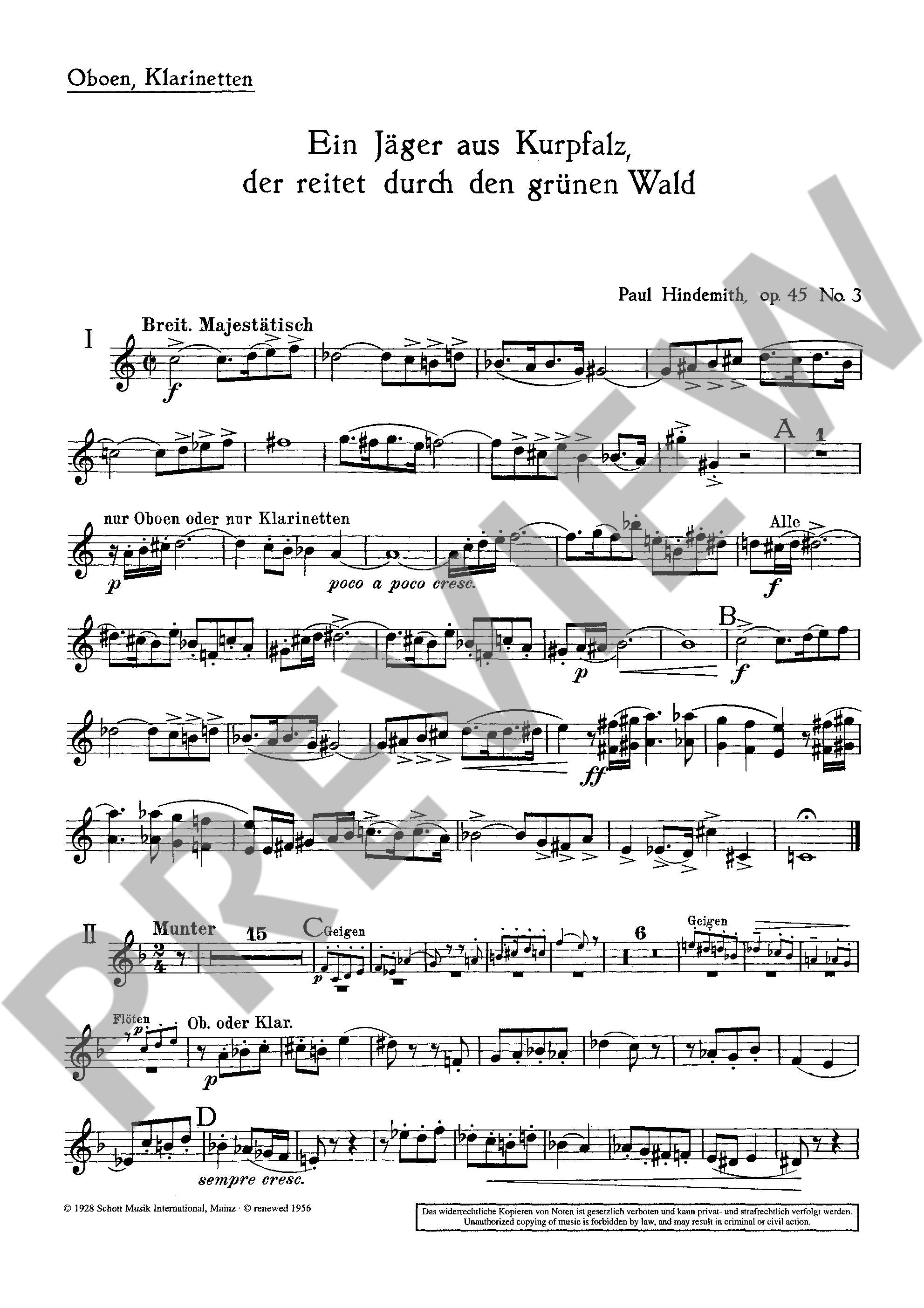 Sample 1 : Hindemith, Paul : Ein Jäger aus Kurpfalz, Spielmusik - String and wind instruments - Schott Digital