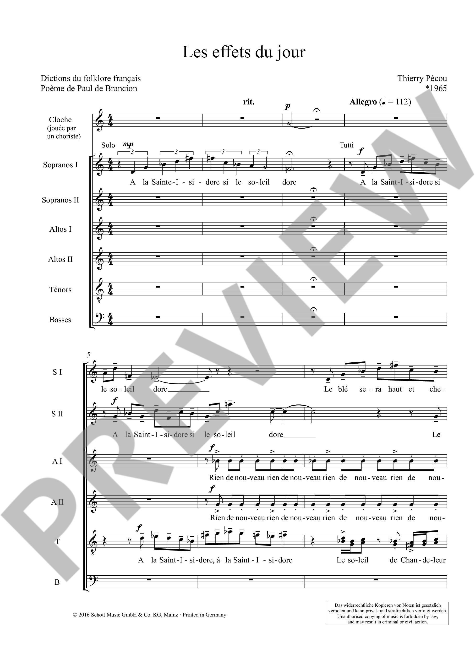 Sample 1 : Pécou, Thierry : Les effets du jour, for mixed choir a cappella and a bell - mixed choir (SATB) and