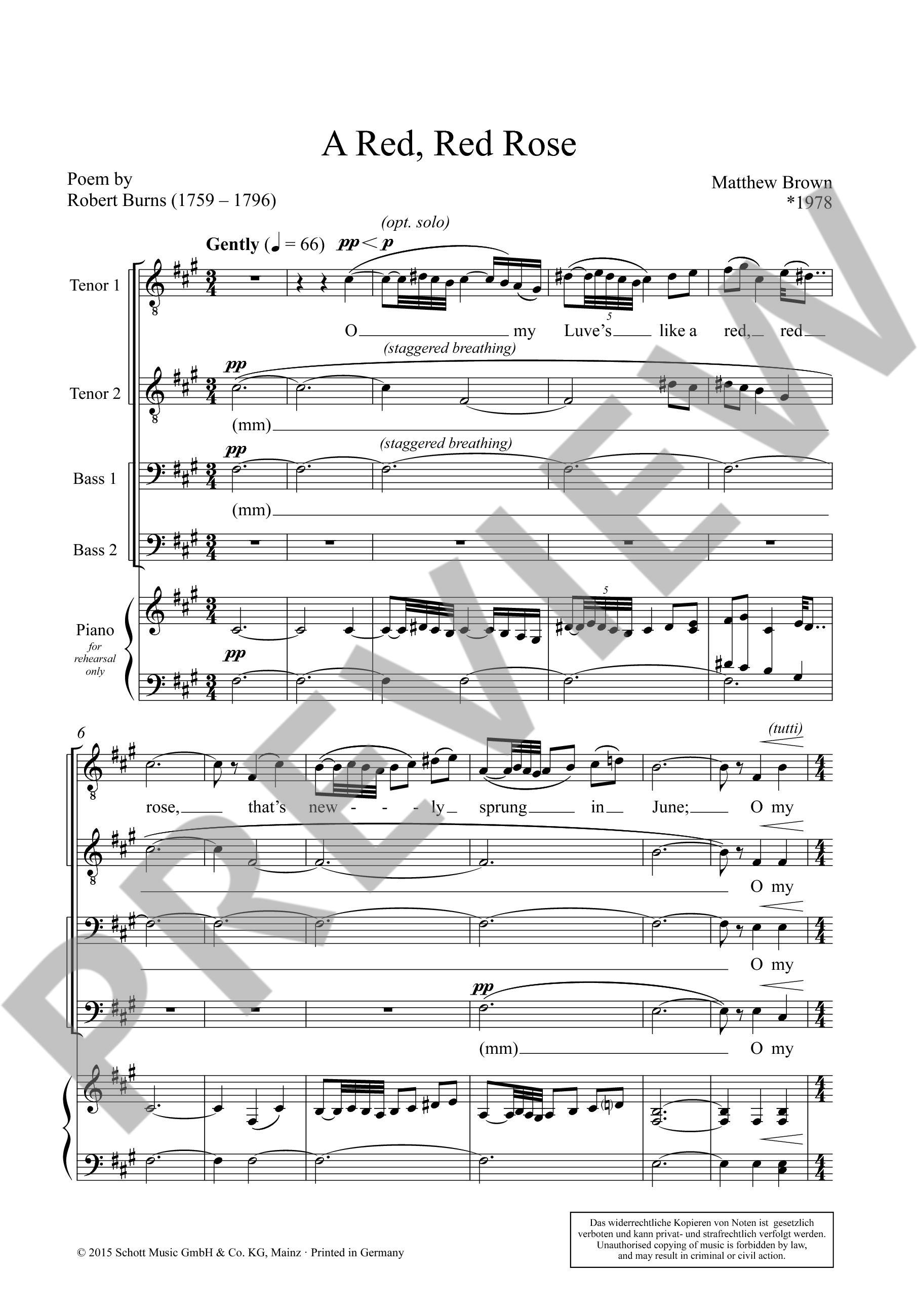 Sample 1 : Brown, Matthew : A Red, Red Rose,  - men's choir (TTBB) a cappella - Schott Digital