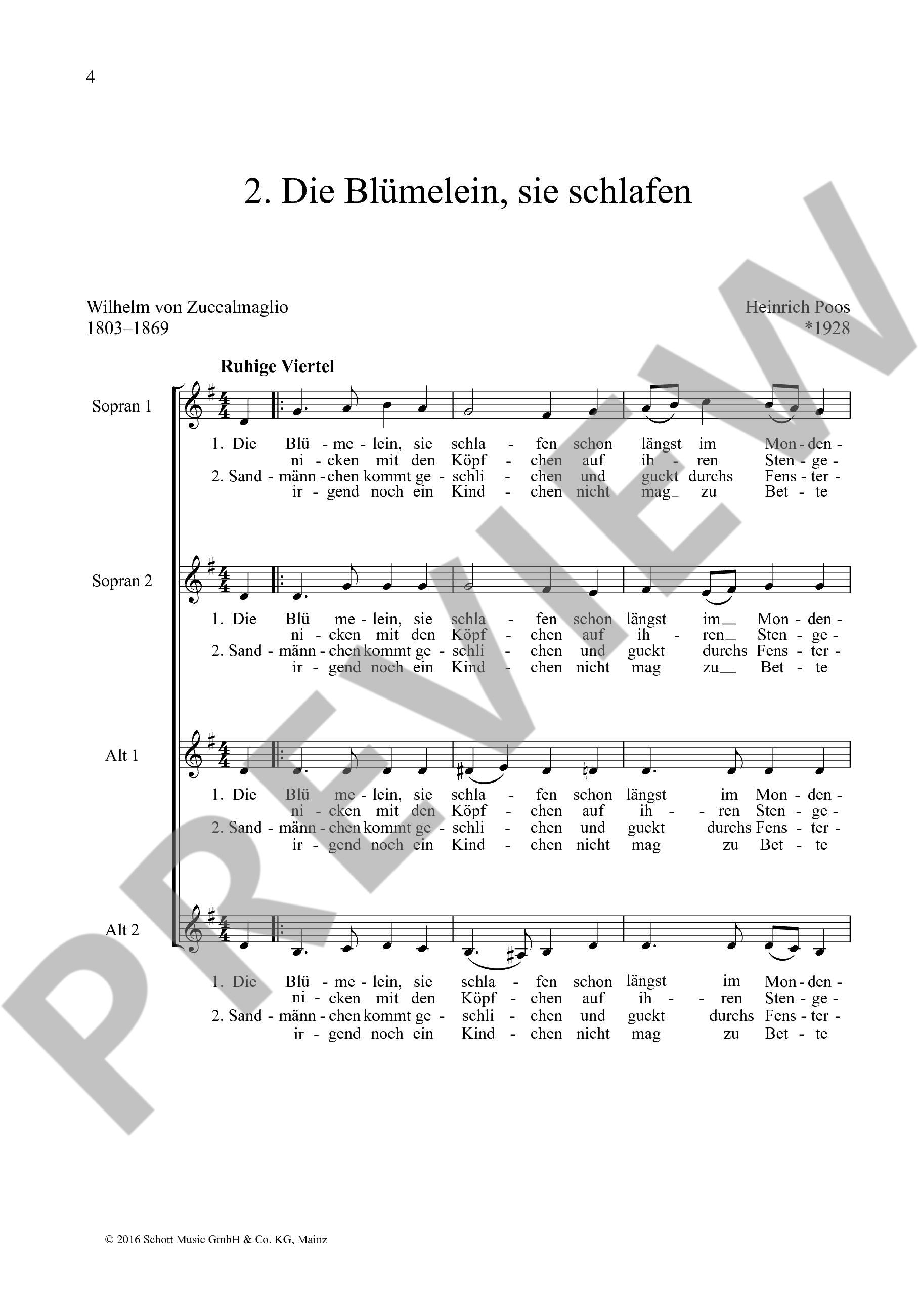 Sample 2 : Poos, Heinrich : Drei Schlaf- und Wiegenlieder, Müde bin ich, geh zur Ruh - Die Blümelein, sie sch