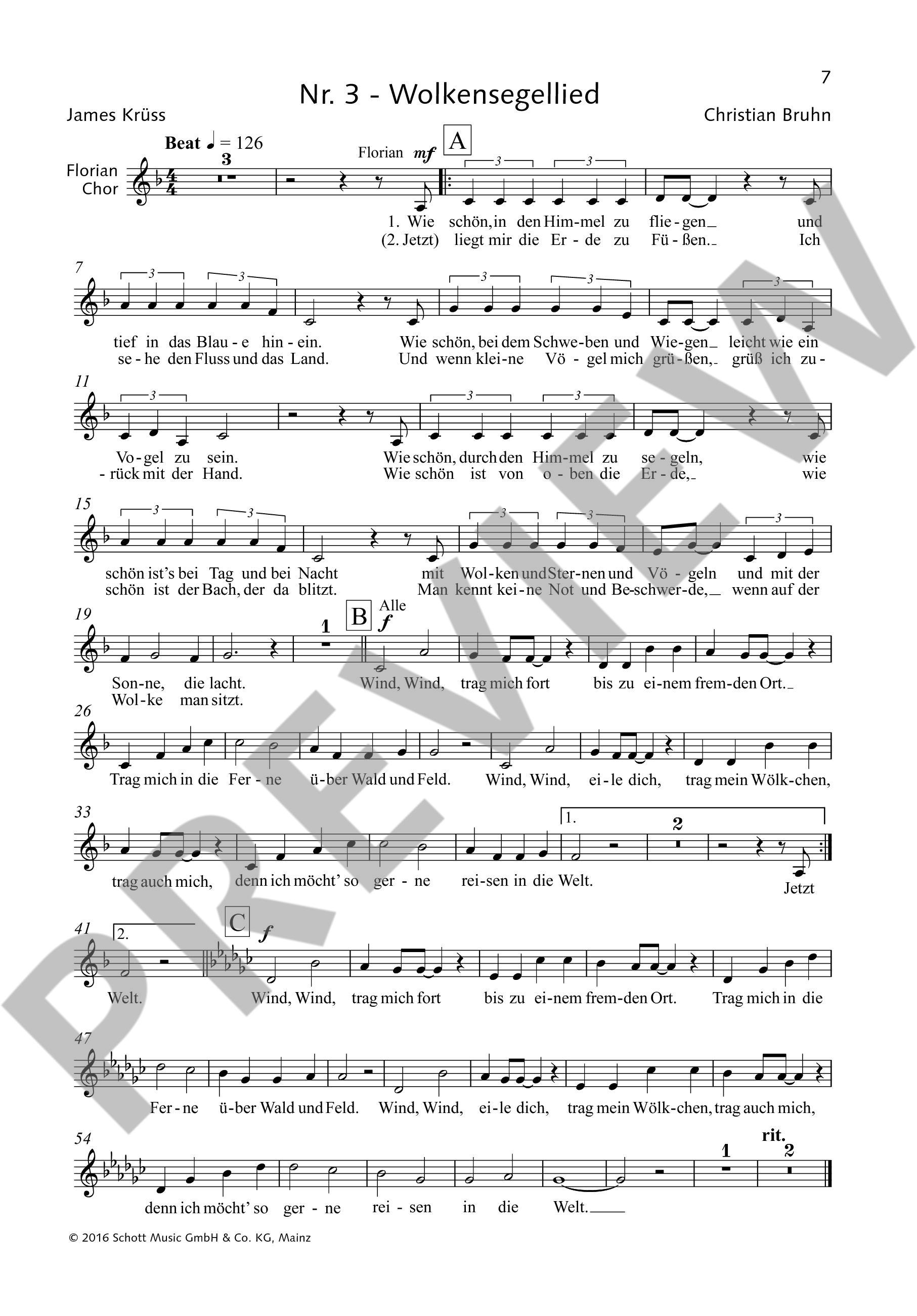 Sample 3 : Bruhn, Christian : Florian auf der Wolke, Singspiel für Kinder - Neufassung für die Aufführung mi