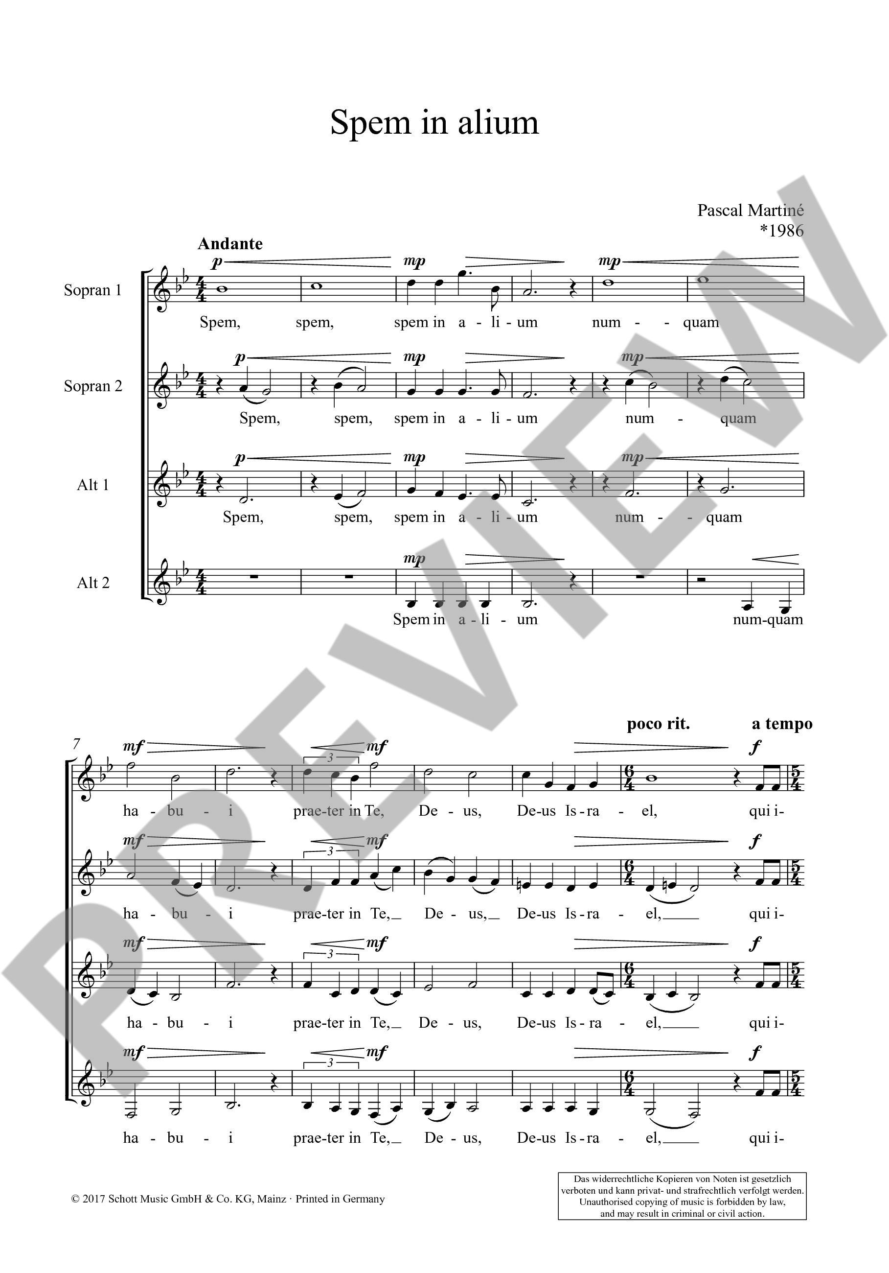 Sample 1 : Martiné, Pascal : Spem in alium,  - female choir (SSAA) a cappella - Schott Digital