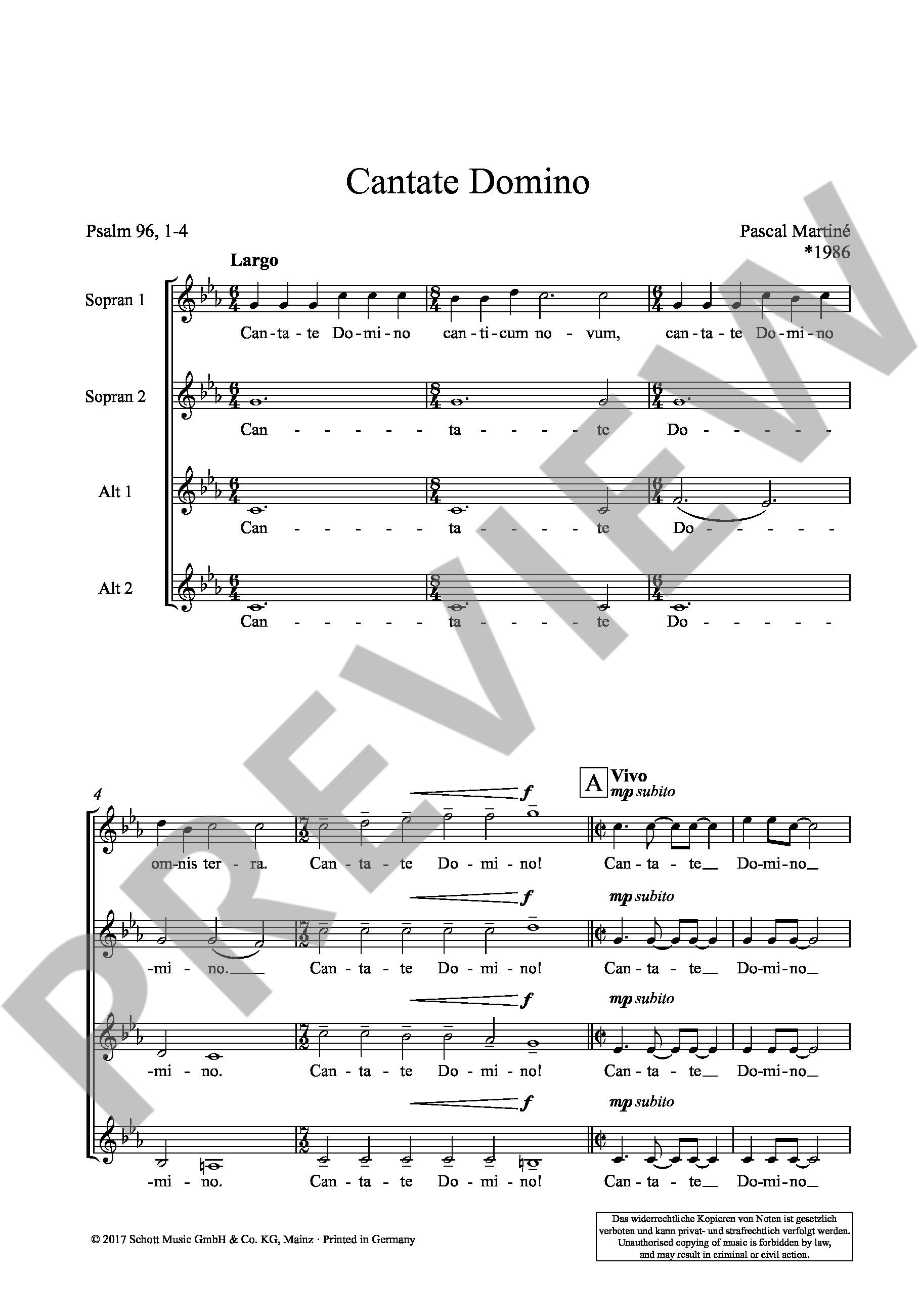 Sample 1 : Martiné, Pascal : Cantate Domino,  - female choir (SSAA) a cappella - Schott Digital