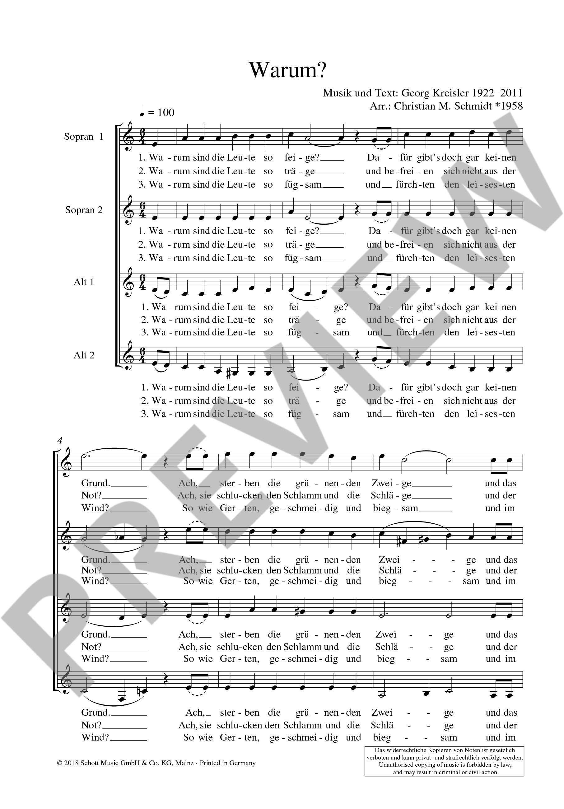 Sample 1 : Kreisler, Georg : Warum?, Georg Kreisler - Lieder und Chansons - female choir (SSAA) - Schott Digita