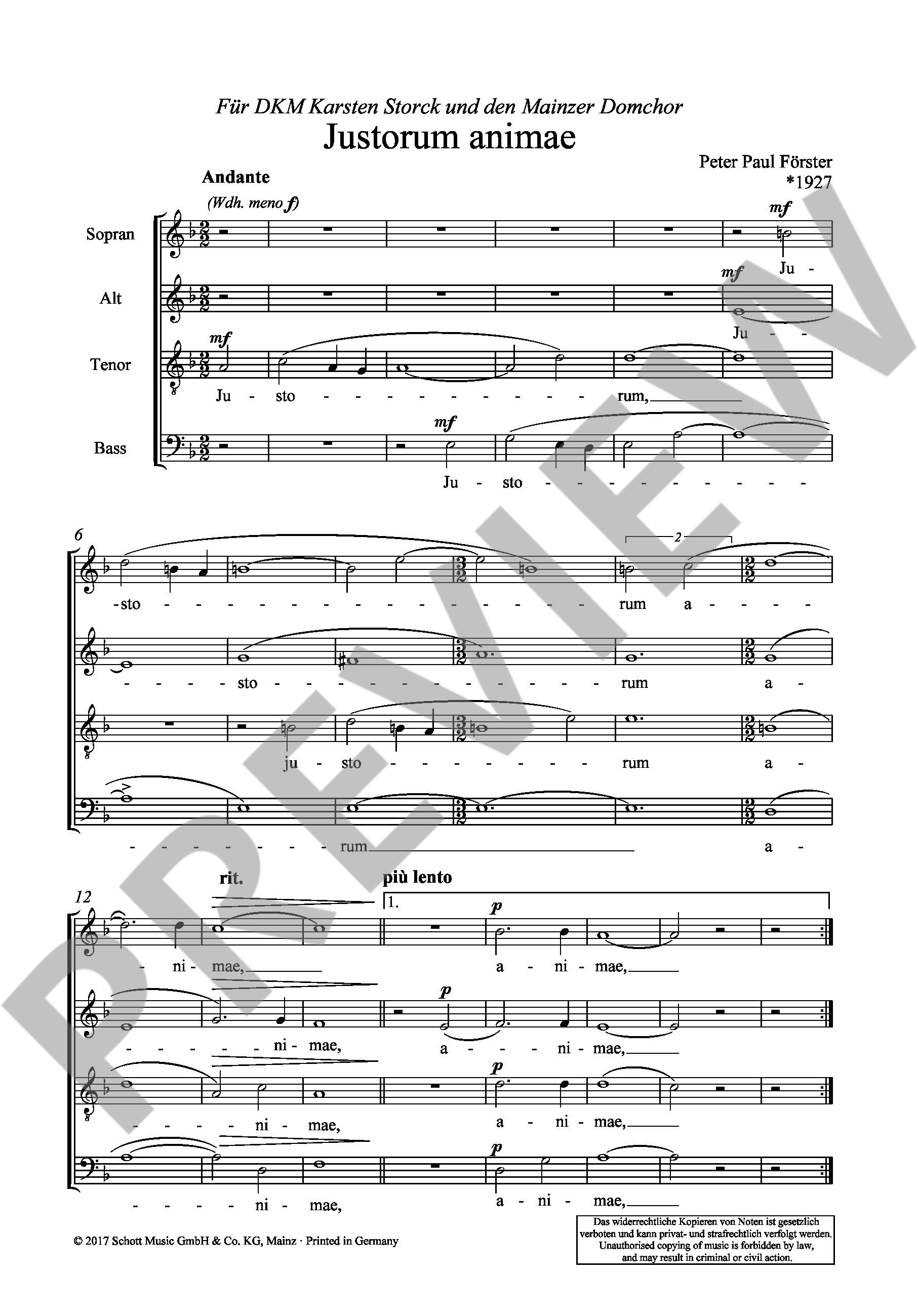 Sample 1 : Foerster, Peter Paul : Justorum animae, Buch der Weisheit III, 1.2a.3b - men's choir (TTBB) a cappel
