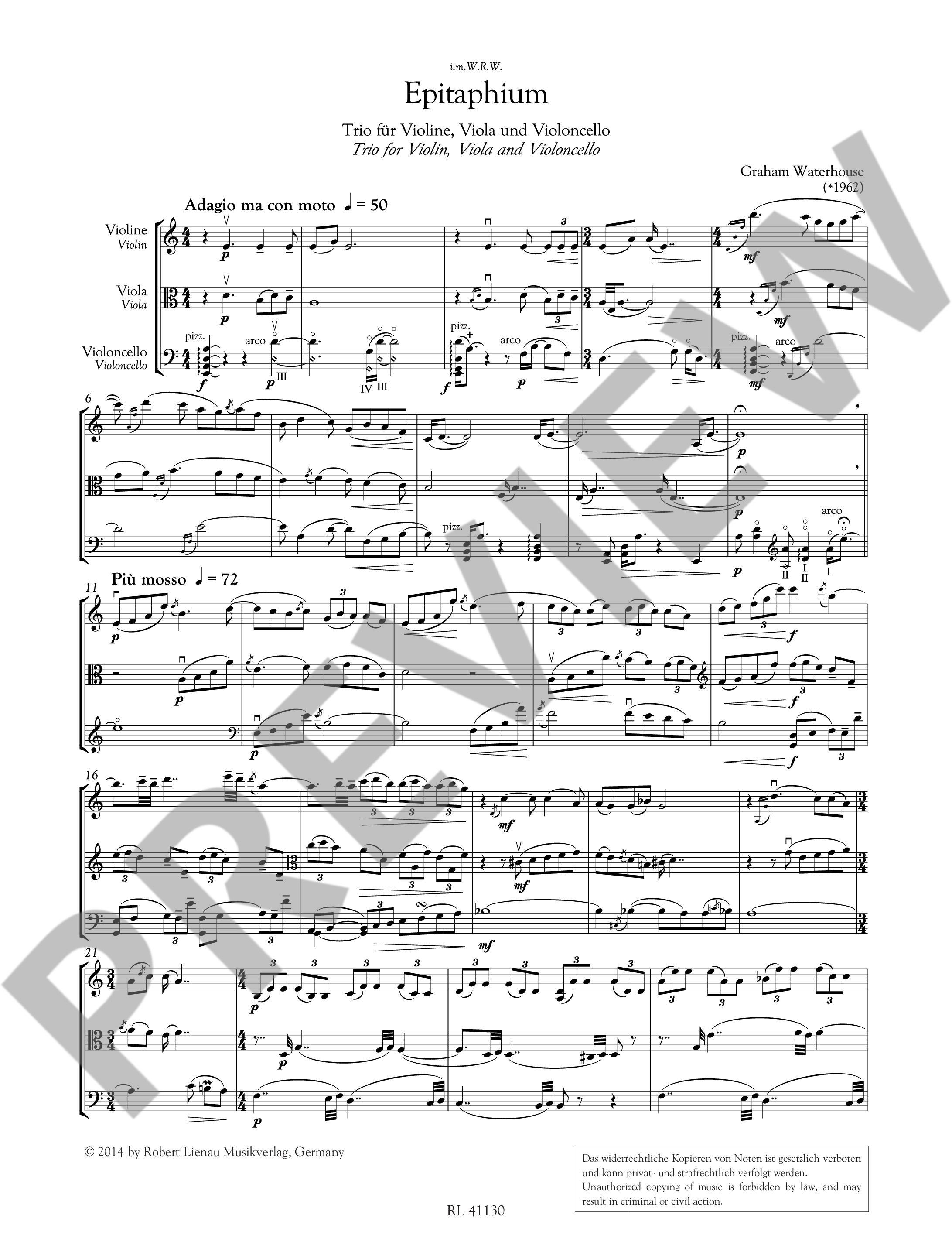 Sample 1 : Waterhouse, Graham : Epitaphium, for William Waterhouse - string trio - Schott Digital