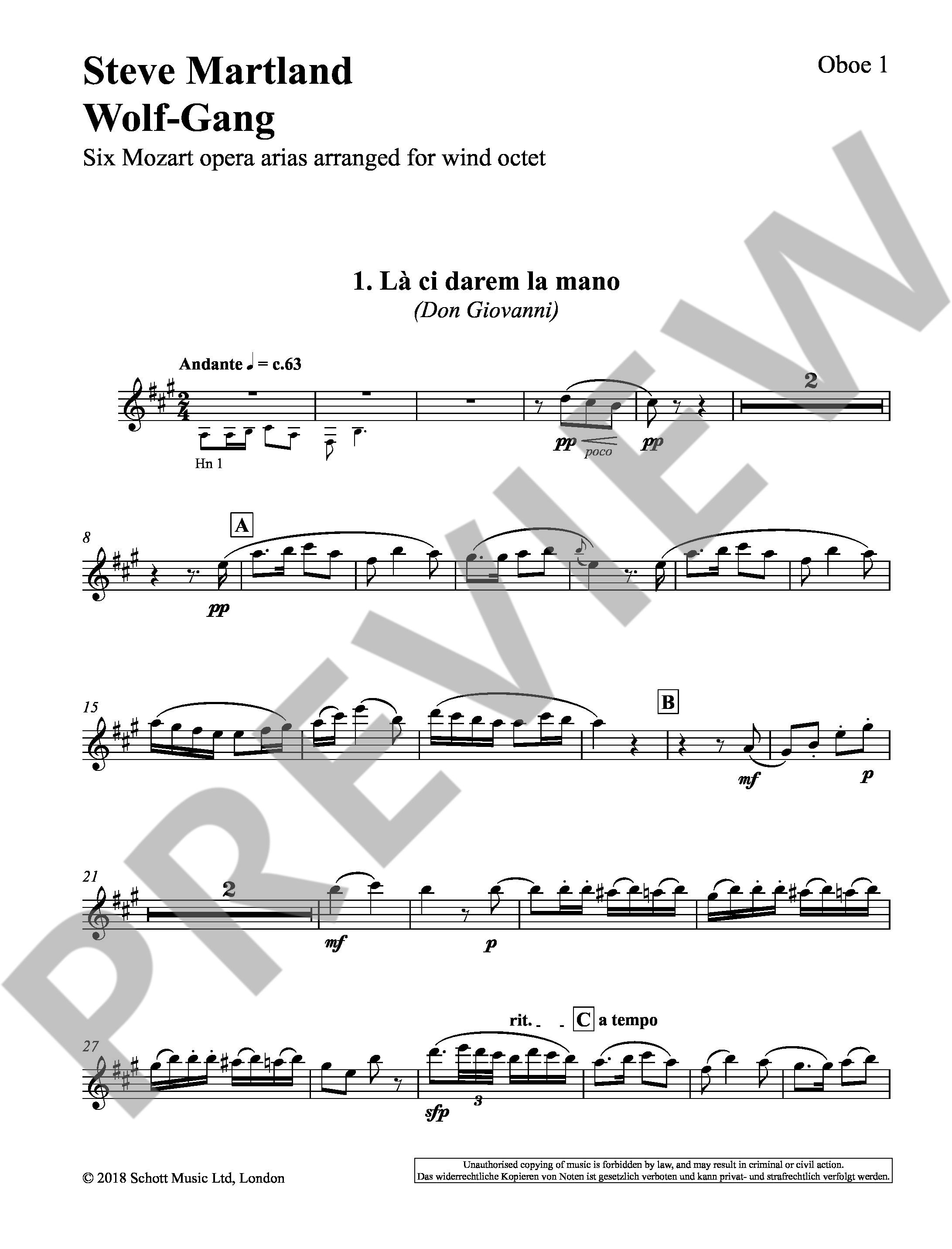 Sample 1 : Martland, Steve : Wolf-Gang, Six Mozart opera arias arranged by Steve Martland - wind octet - Schott