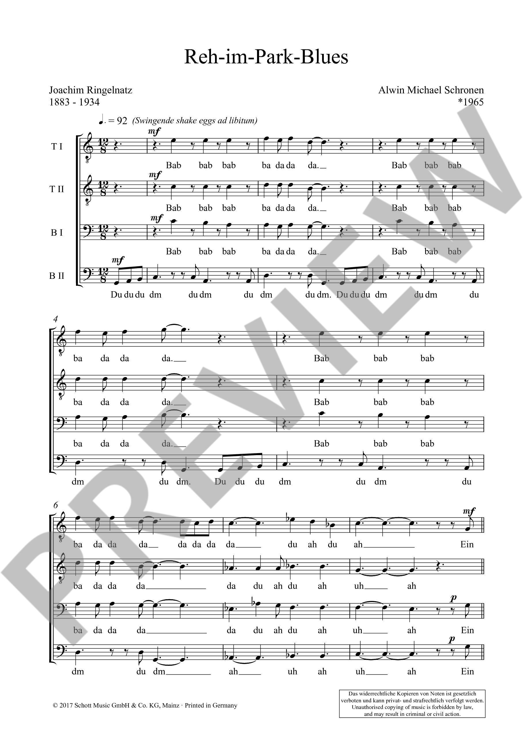 Sample 2 : Schronen, Alwin Michael : Reh-im-Park-Blues,  - men's choir (TTBB) a cappella - Schott Digital