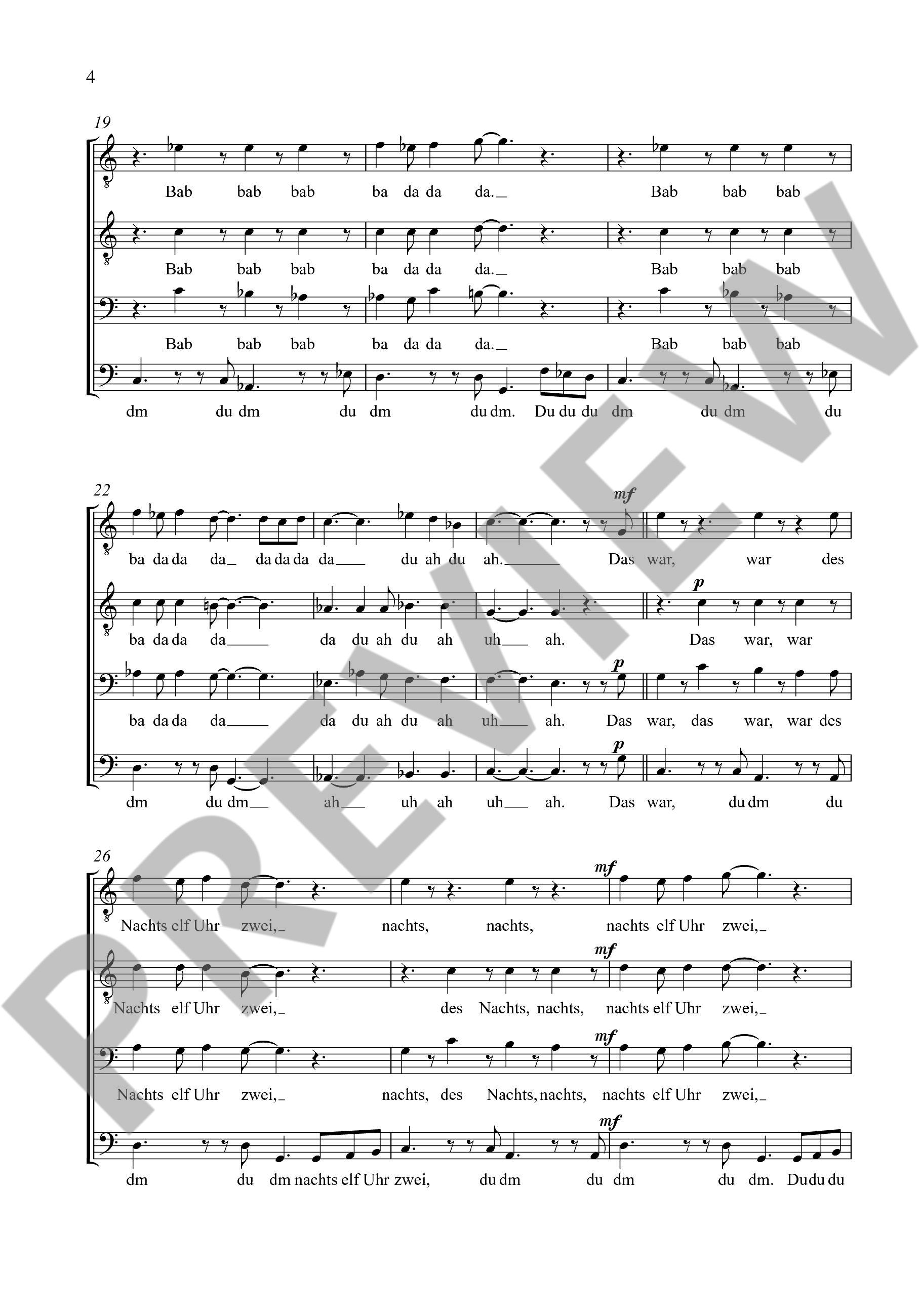 Sample 3 : Schronen, Alwin Michael : Reh-im-Park-Blues,  - men's choir (TTBB) a cappella - Schott Digital