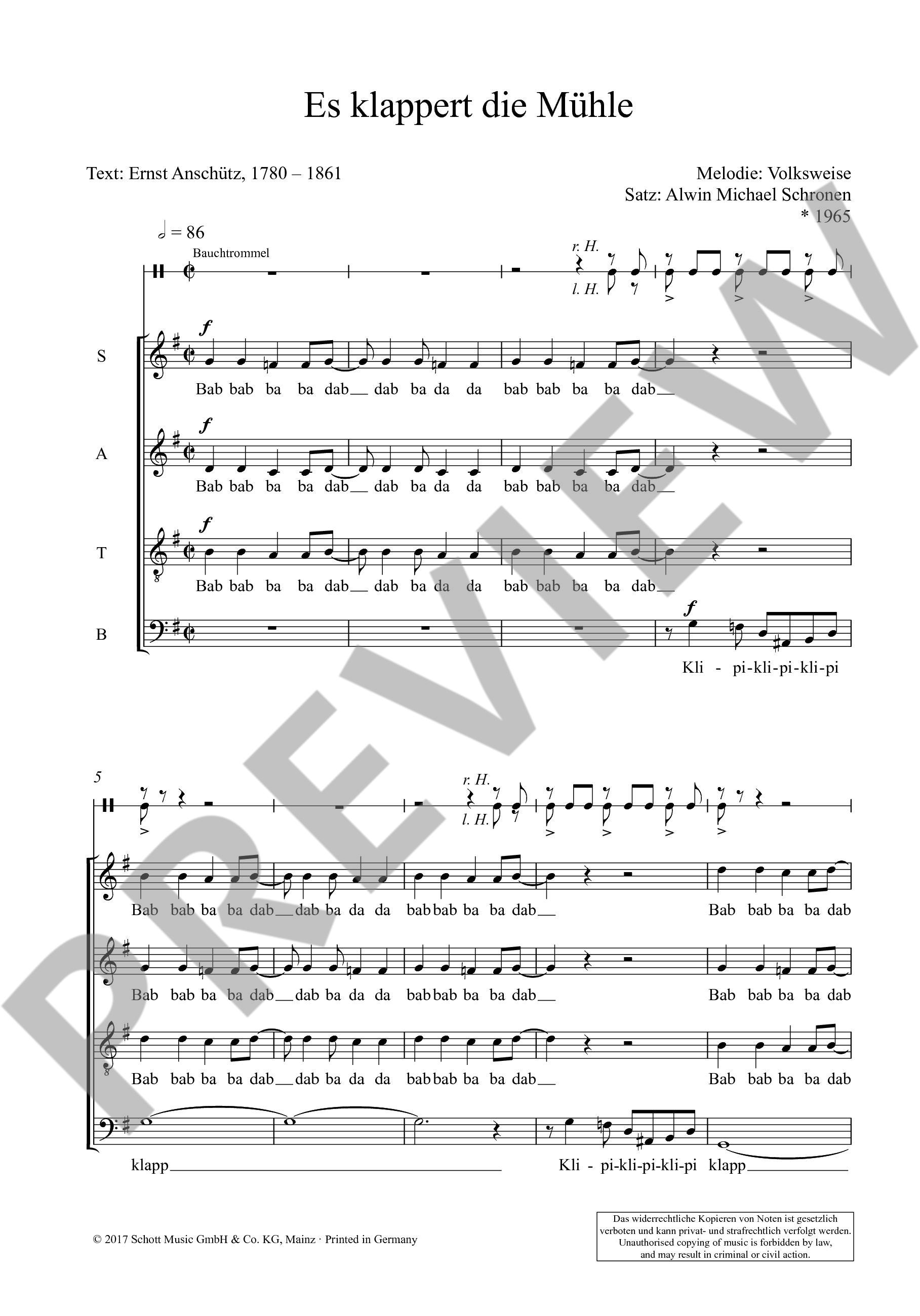 Sample 4 : Schronen, Alwin Michael : Es klappert die Mühle,  - mixed choir (SATB) a cappella and Balsodrum (ad