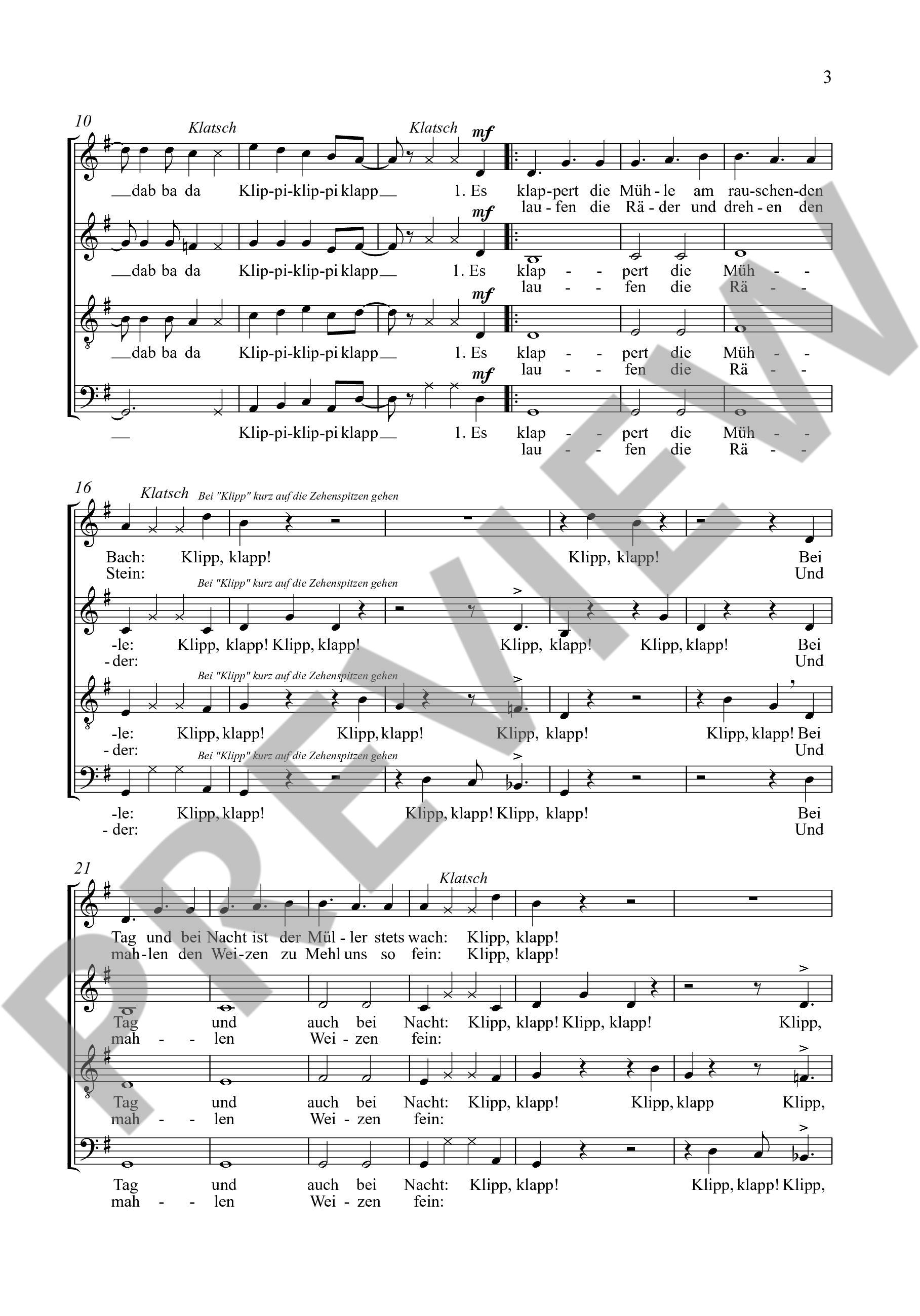 Sample 3 : Schronen, Alwin Michael : Es klappert die Mühle,  - mixed choir (SATB) a cappella and Balsodrum (ad