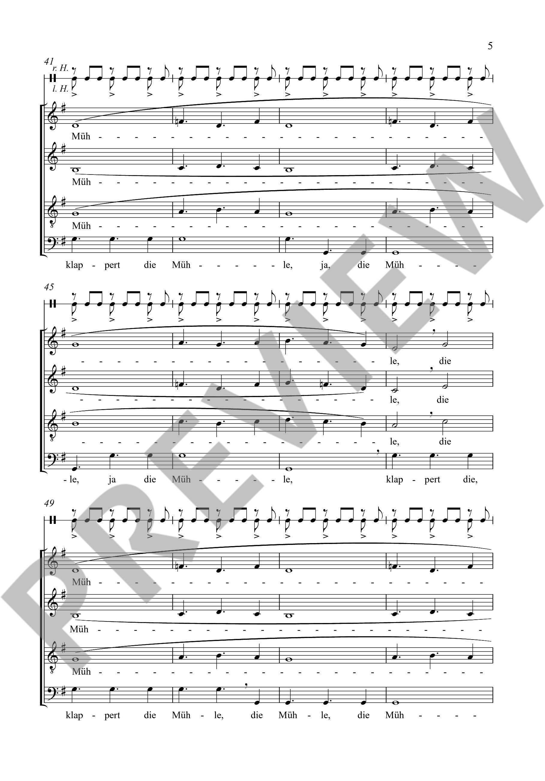 Sample 1 : Schronen, Alwin Michael : Es klappert die Mühle,  - mixed choir (SATB) a cappella and Balsodrum (ad