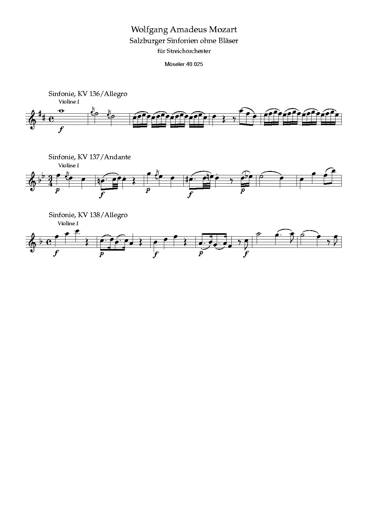 Sample 1 : Mozart, Wolfgang Amadeus : Three Salzburg sinfonies,  - string orchestra - Schott Digital
