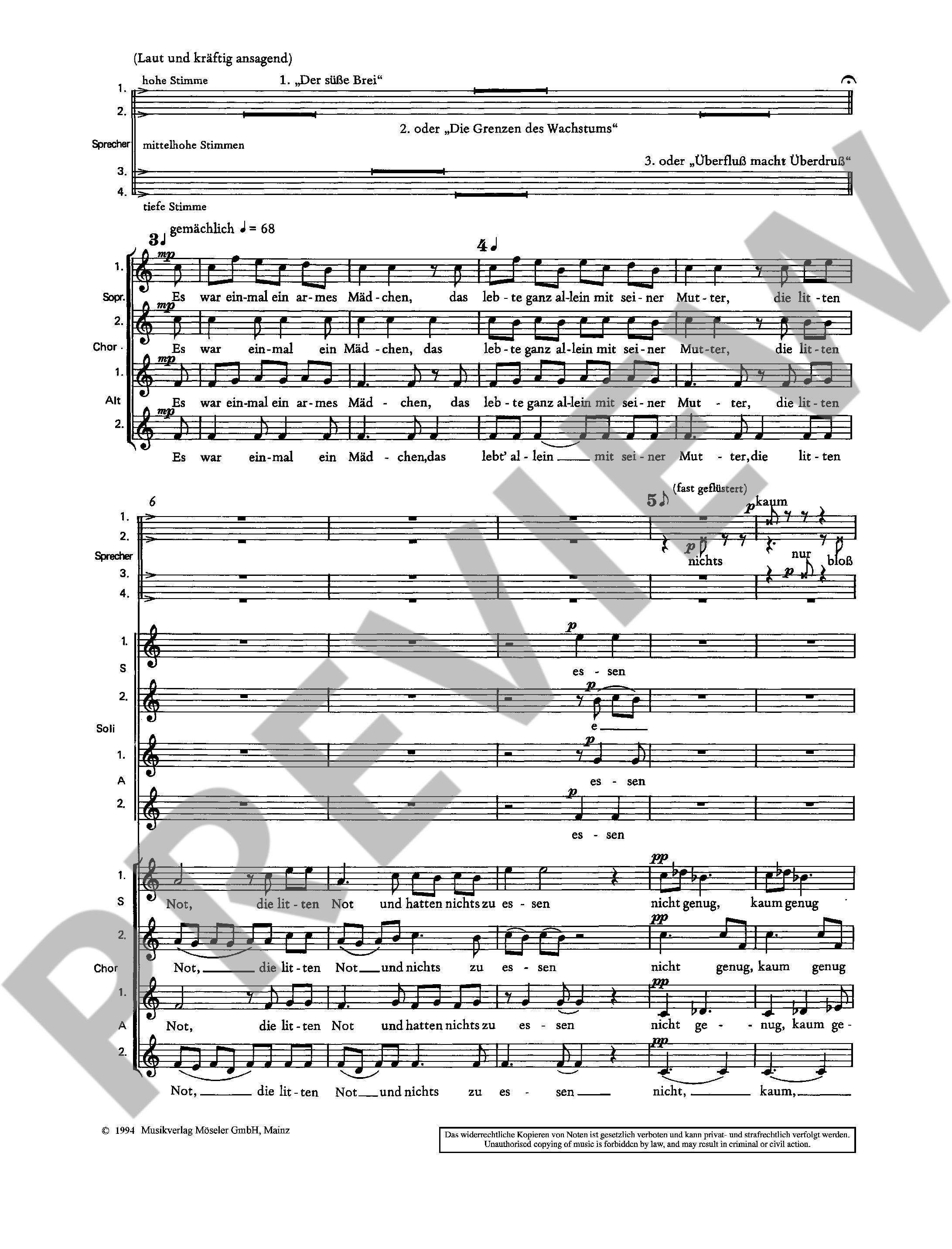 Sample 4 : Koerppen, Alfred : The sweet porridge, Exemplary stories, no 1 - female choir (SSSSAAAA) - Schott Di