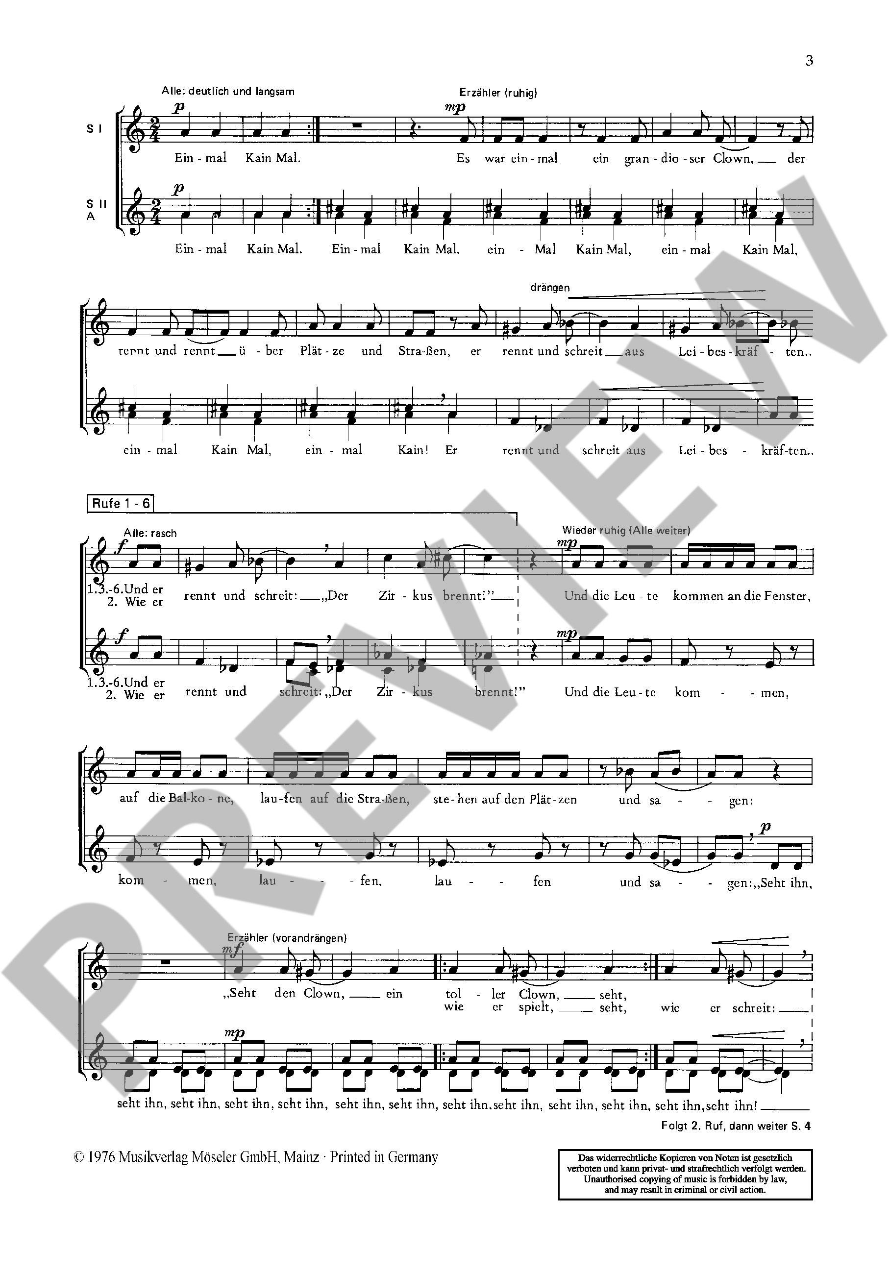 Sample 1 : Woll, Erna : Ballad of the clown,  - female choir (SSA) - Schott Digital
