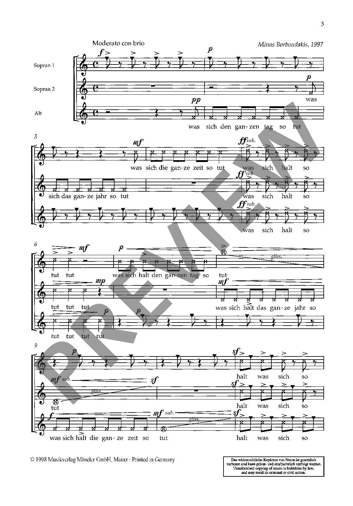 Sample 2 : Borboudakis, Minas : Report, "Was sich den ganzen Tag so tut" - female choir (SSA) a cappella - Scho
