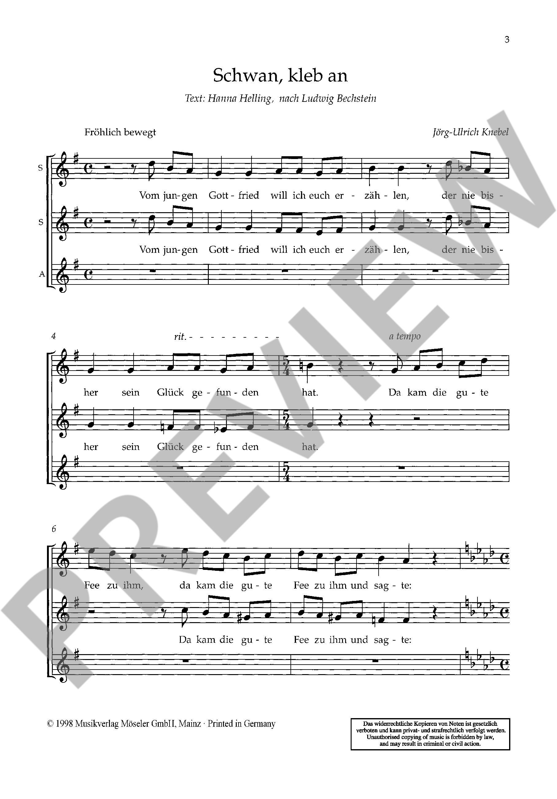 Sample 2 : Knebel, Joerg-Ulrich : Swan, hold fast, Grotesque tale - children's choir (SSA) - Schott Digital