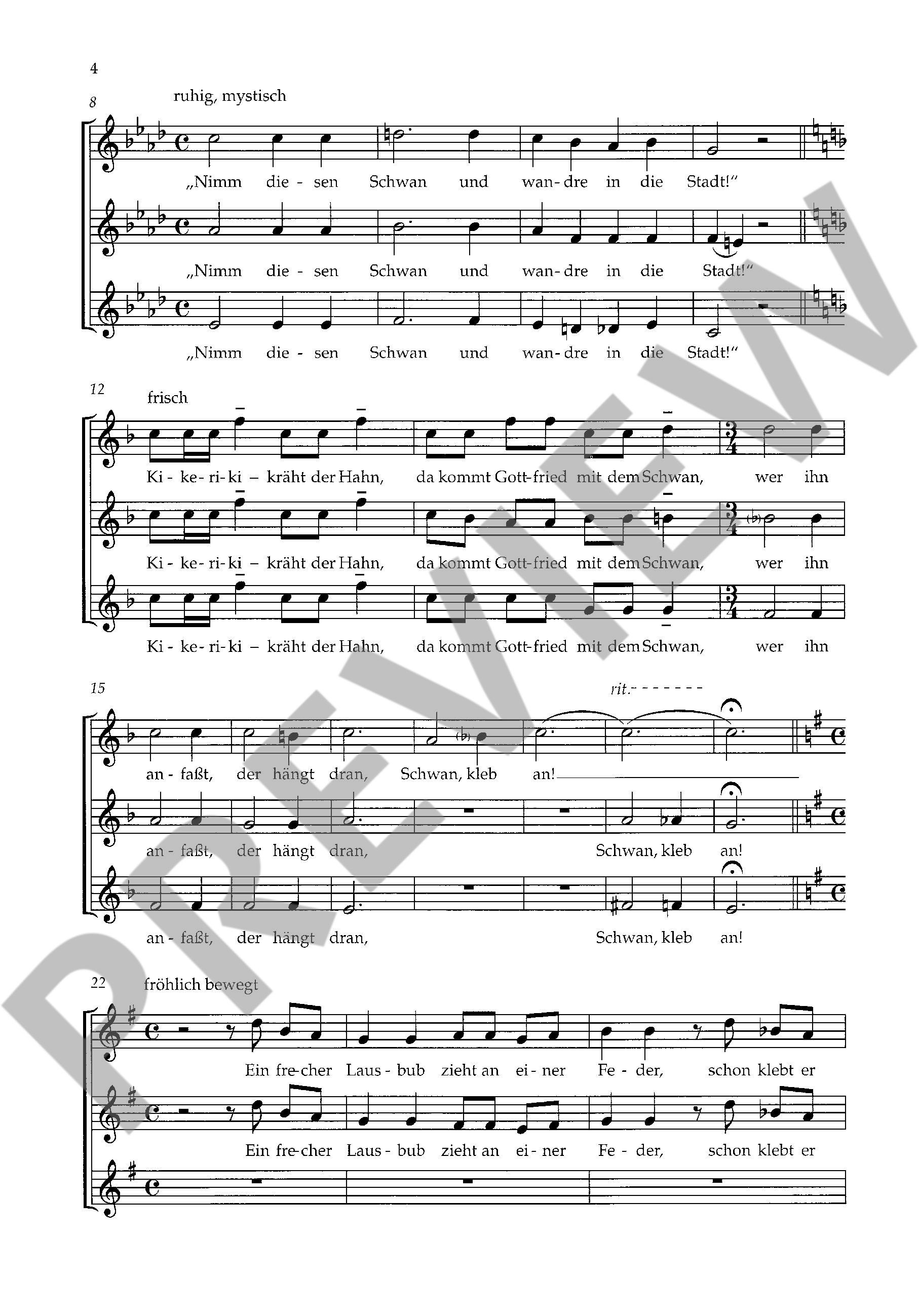 Sample 3 : Knebel, Joerg-Ulrich : Swan, hold fast, Grotesque tale - children's choir (SSA) - Schott Digital